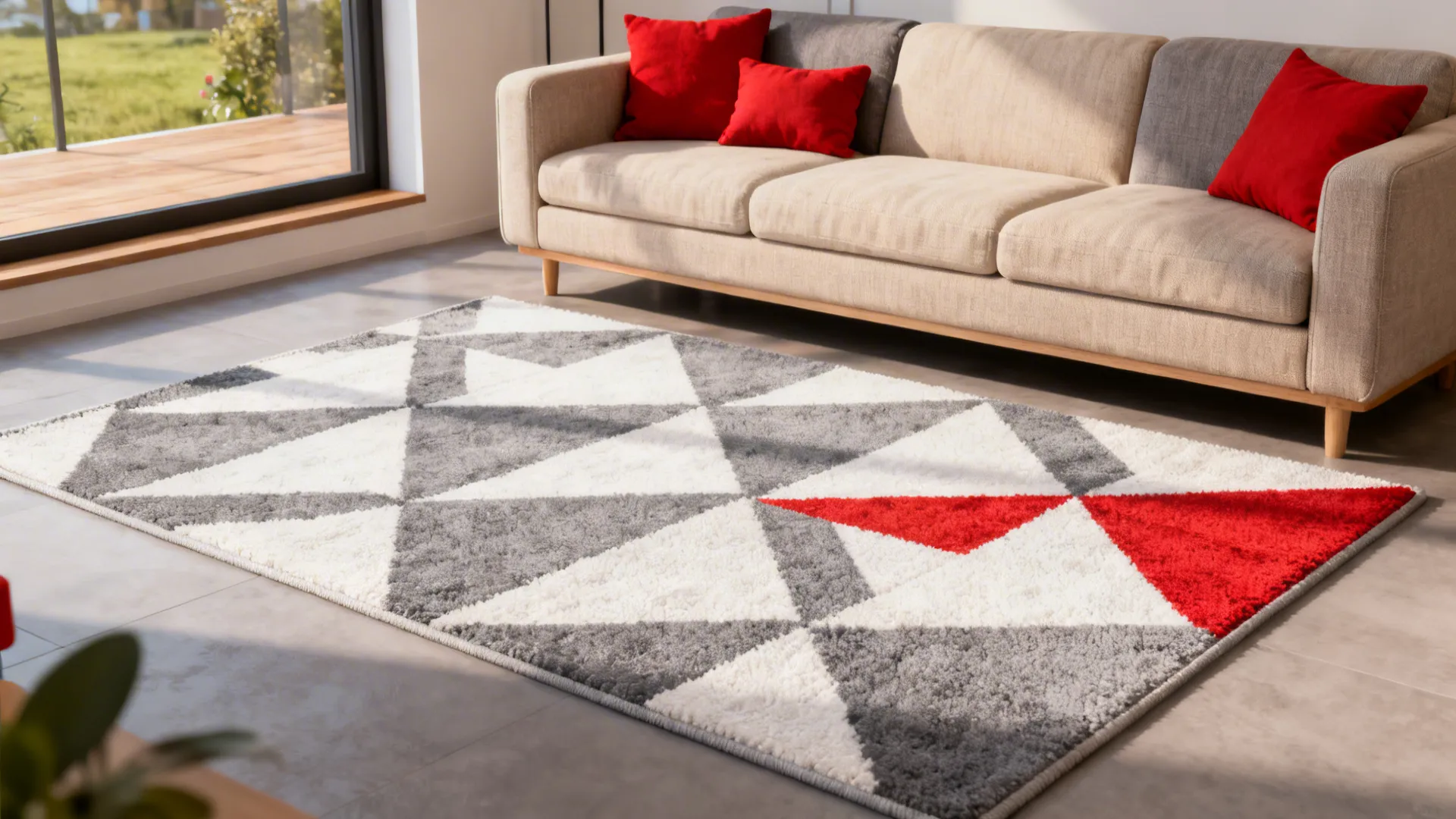 5. Graphic Patterns: Geometric Rugs and Red Accents