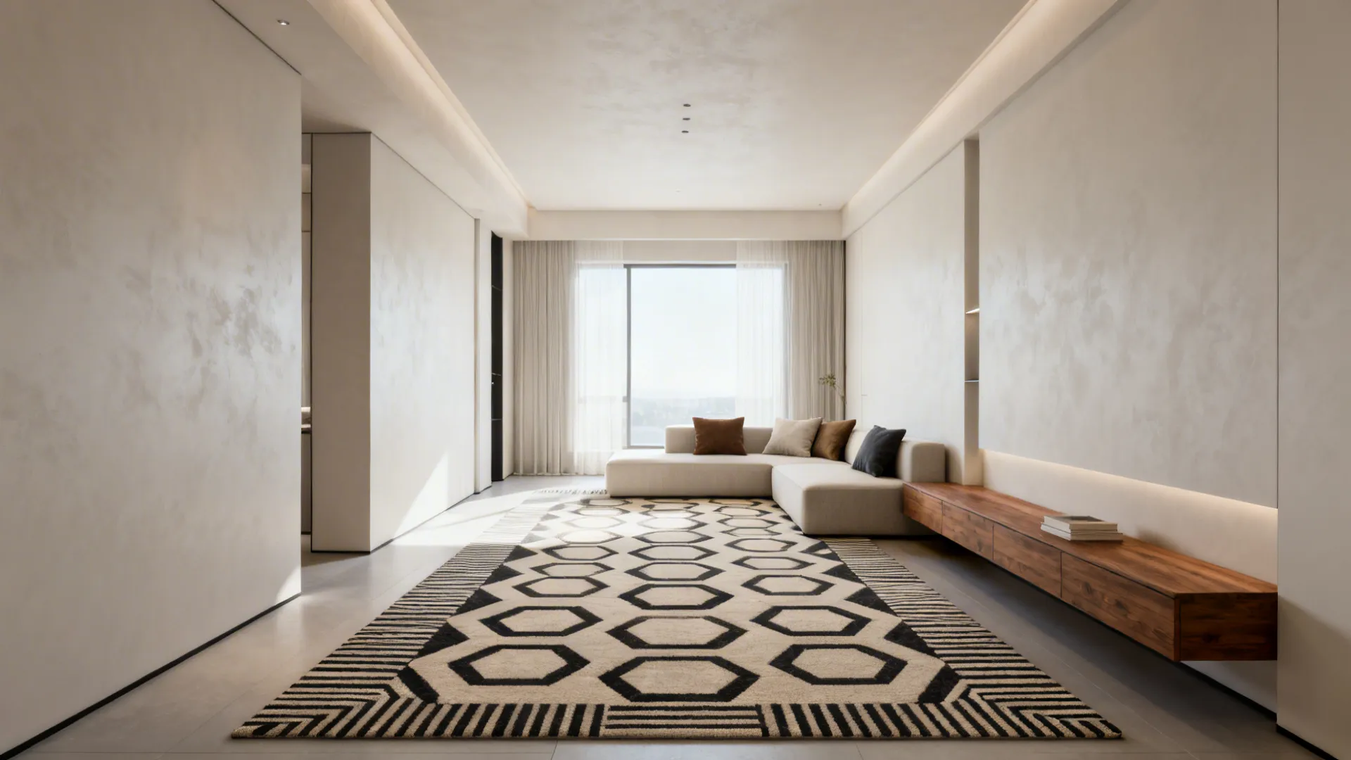 Narrow living room with a low-pile geometric rug using hexagon and stripe motifs to widen the space.