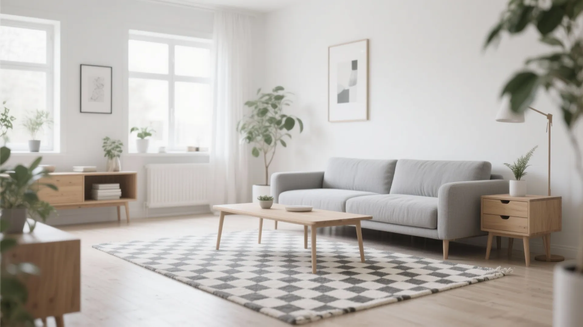 Subtle geometric patterned rug adding structure to modern room