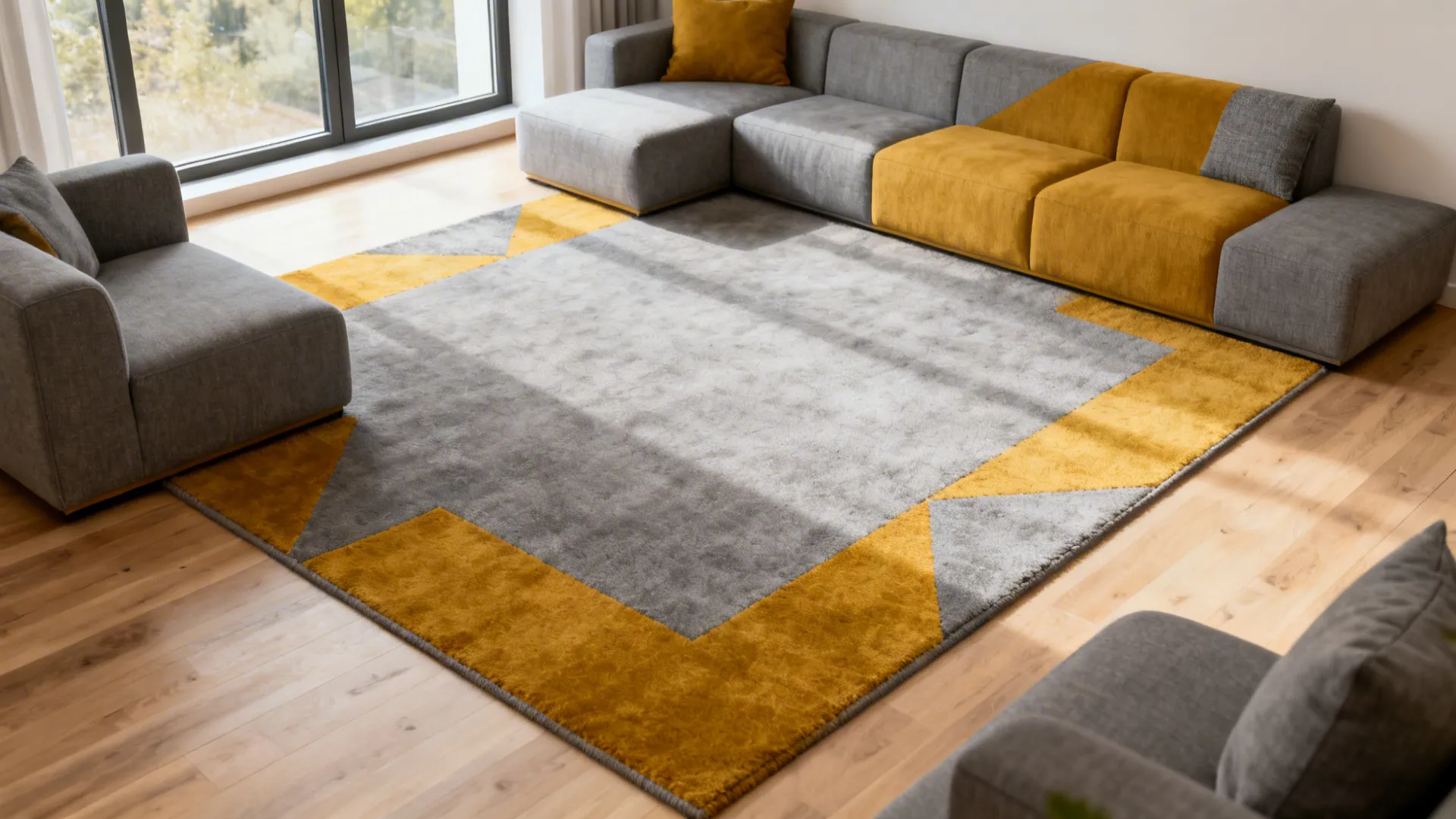 Soft grey rug with mustard geometric accents anchoring a small living room seating area.
