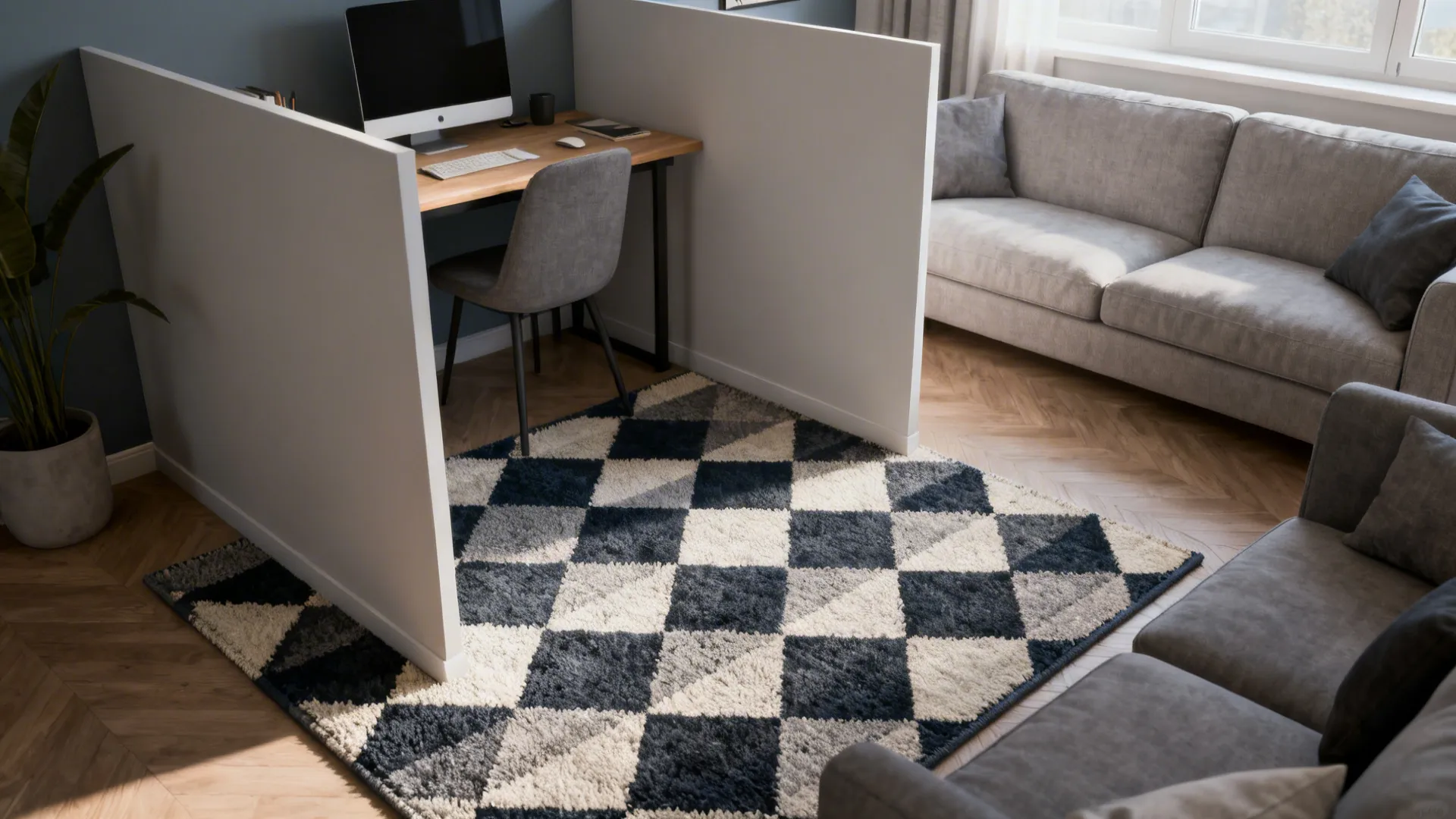 Small living room using a bold geometric rug to visually separate a workspace from the seating area