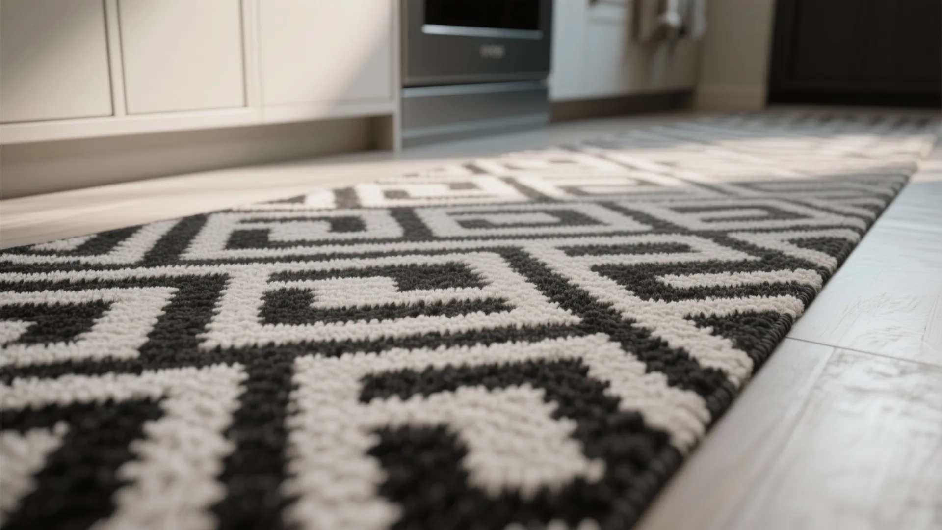 Close up of black and white geometric pattern rug on a light wooden kitchen floor