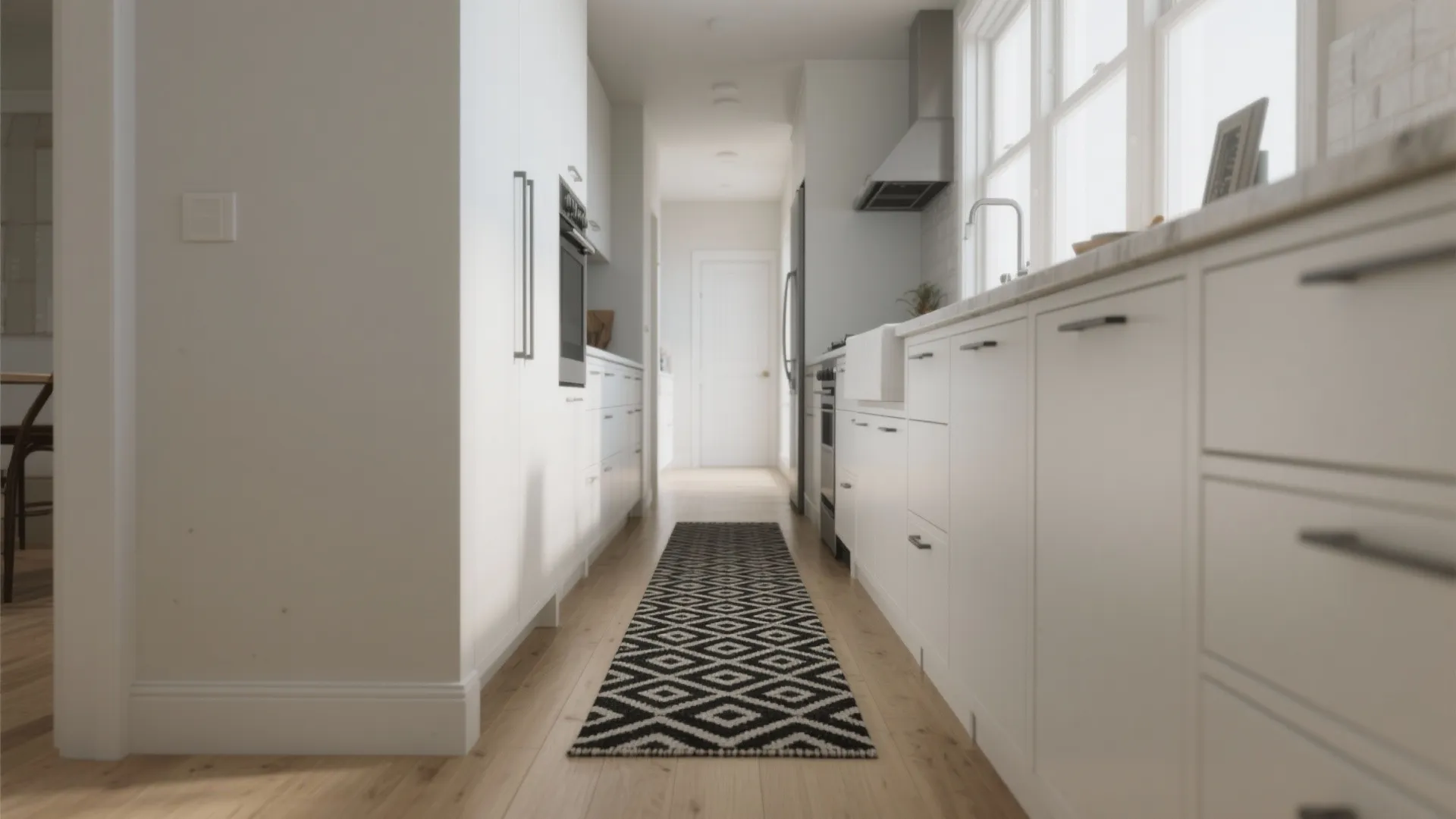 Narrow white galley kitchen with white cabinets and black and white geometric pattern runner rug