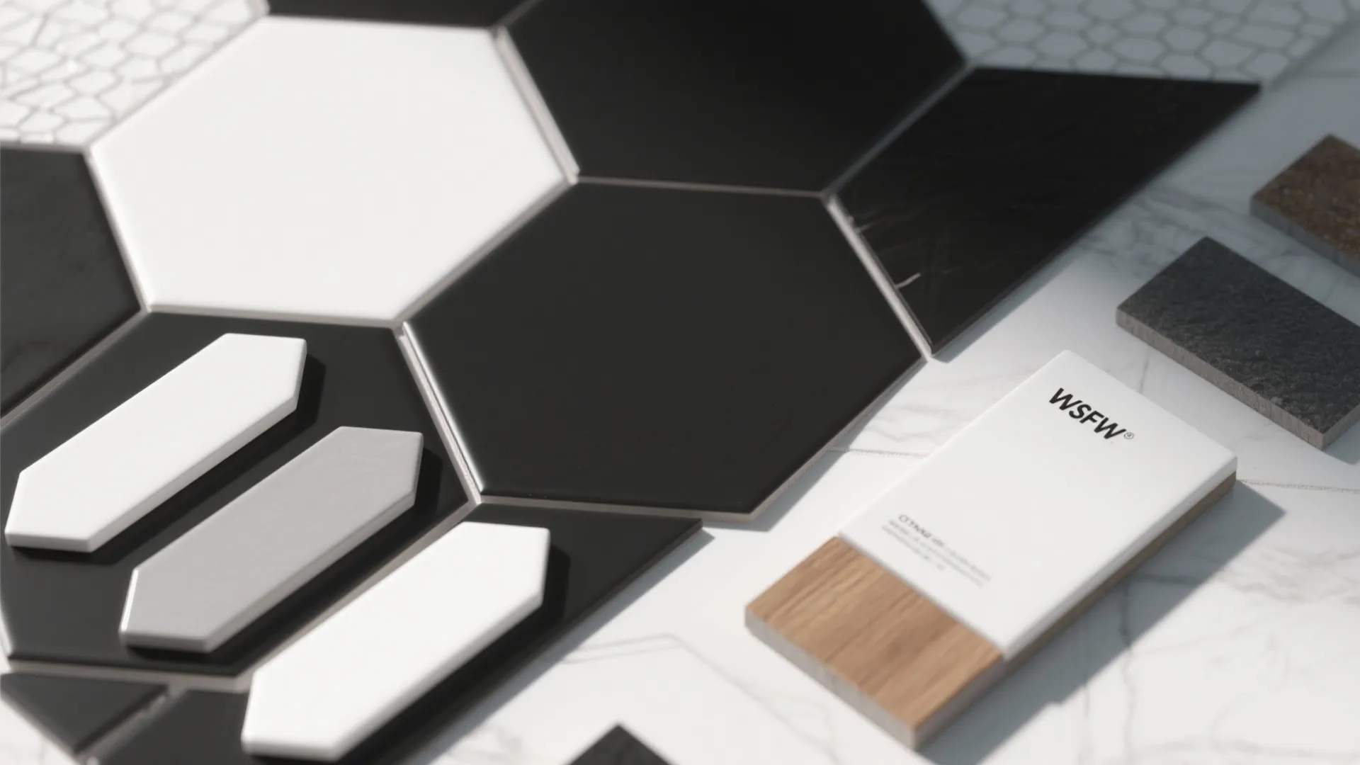 Flatlay of black and white hexagon and octagon tile samples with grout swatches and wood trim