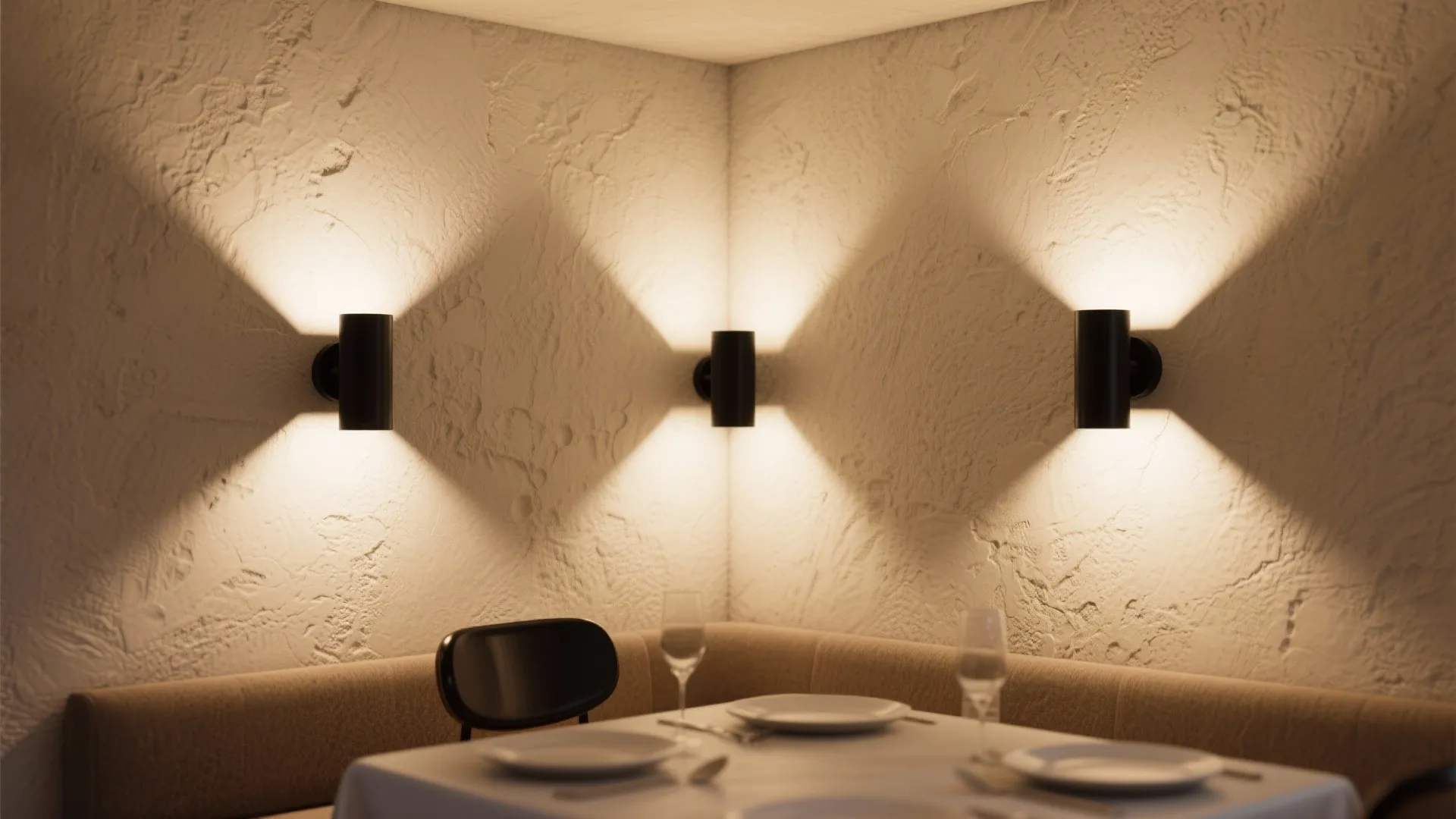 Dining nook with three matte-black sconces arranged in a triangle casting sculptural shadows.