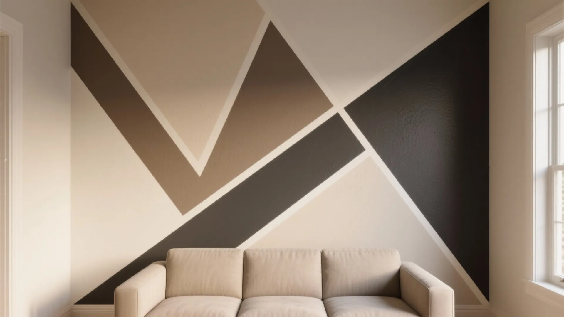 Modern living room with beige sofa and geometric wall design in brown and tan colors