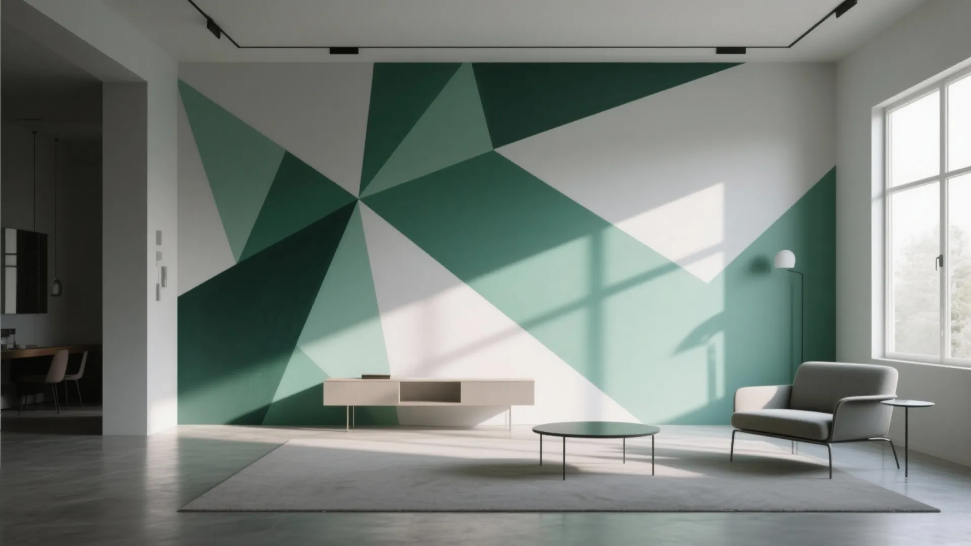Feature wall with sharp geometric painting and painted shadows aligned to real daylight, shown in a modern room.