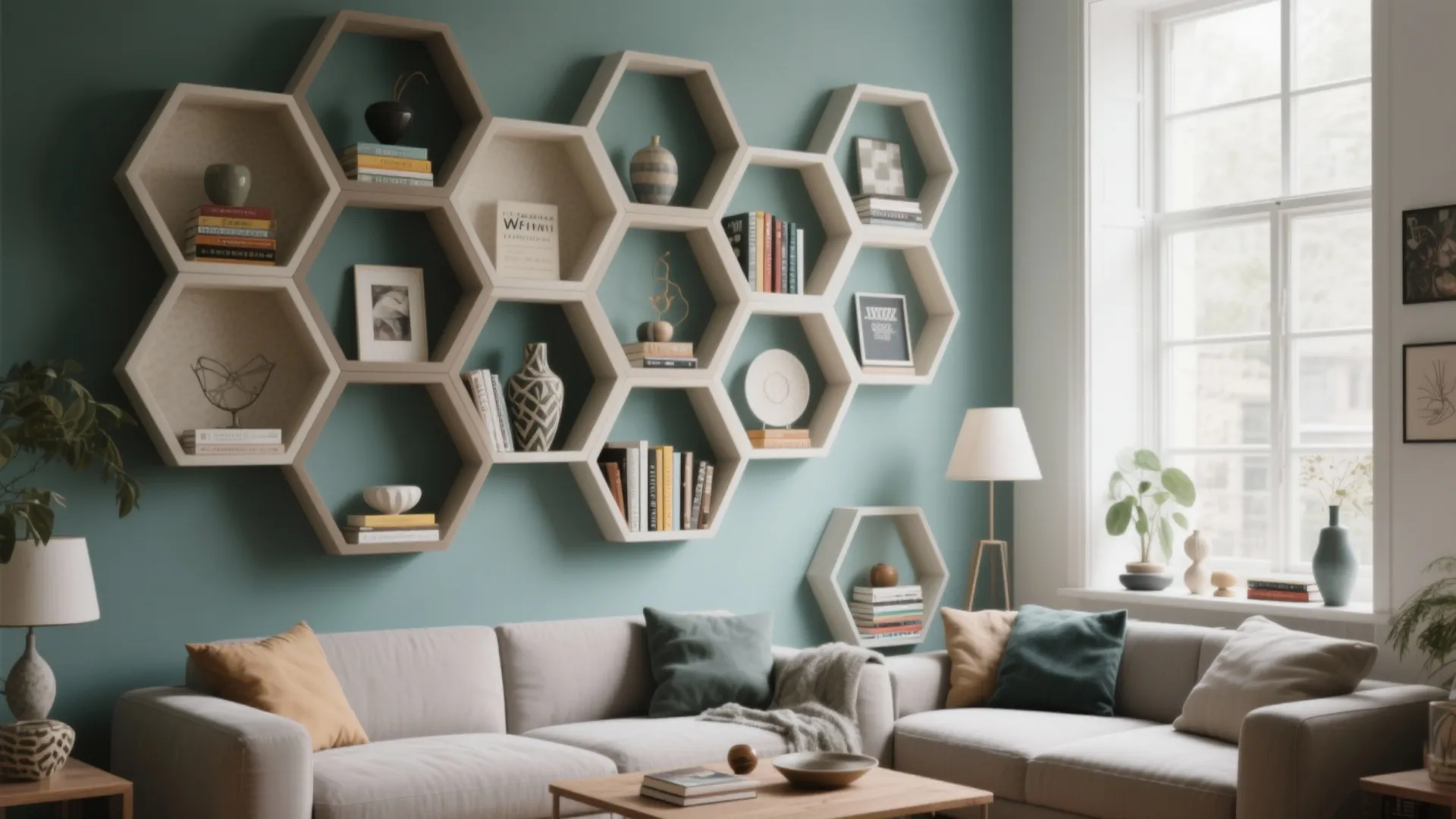 Hexagon wall shelves on green wall above white sofa with books vases and small decorations