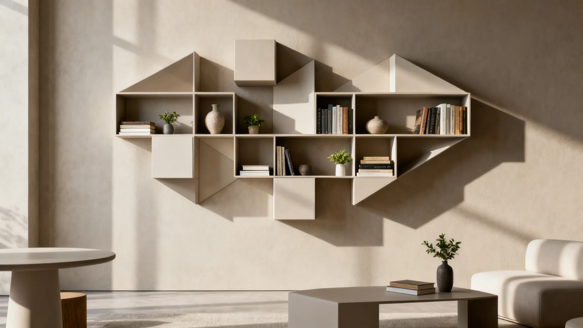 Modern wall shelving unit with geometric shapes holding books and small plants in neutral living room