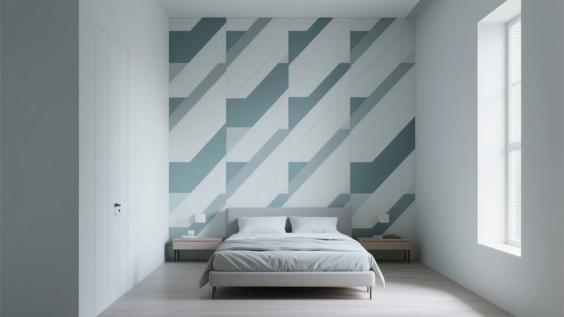 Minimalist bedroom showing blue geometric pattern wall with white bed and simple wood side tables