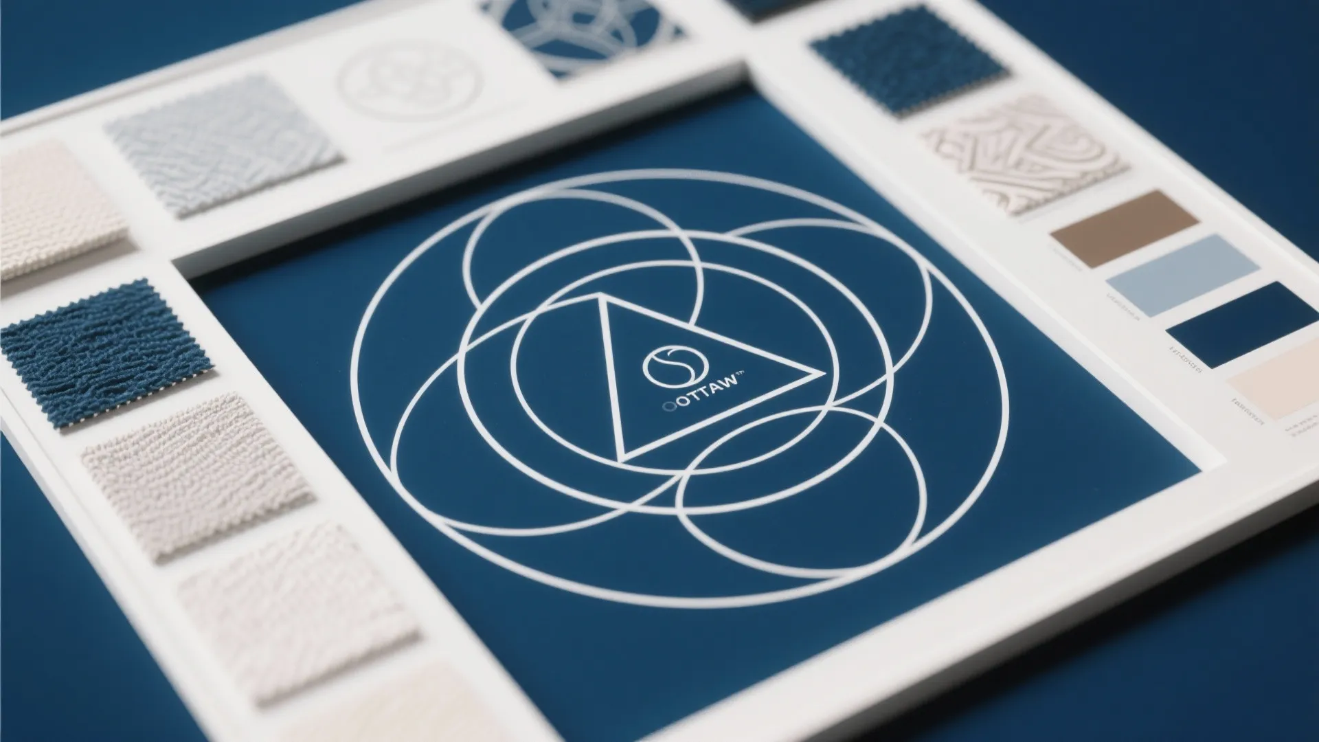 Interior design mood board with blue background white geometric circles and various fabric material samples