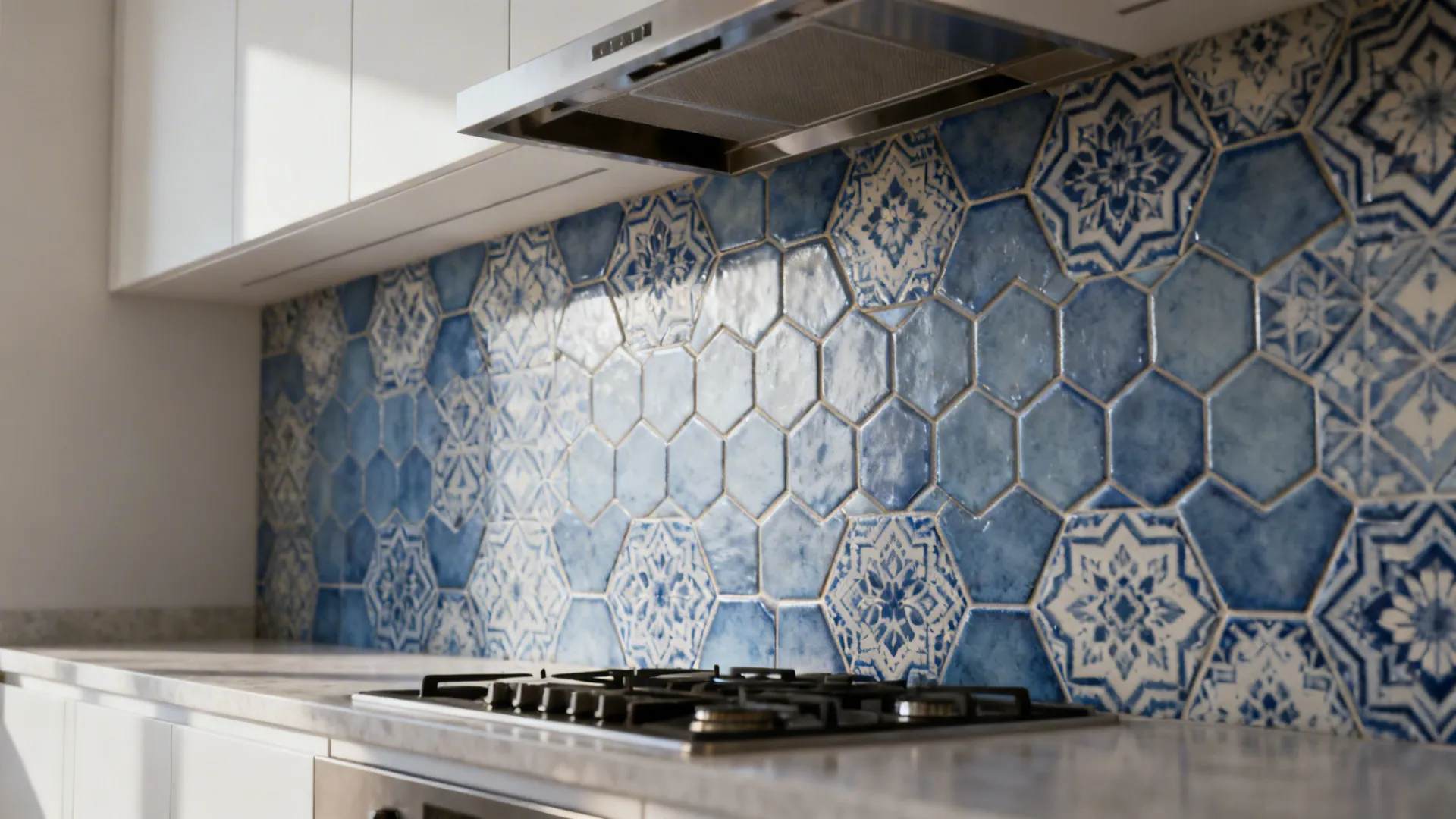 Muted blue geometric tiles as a statement backsplash behind matte white cabinets and an open hood.