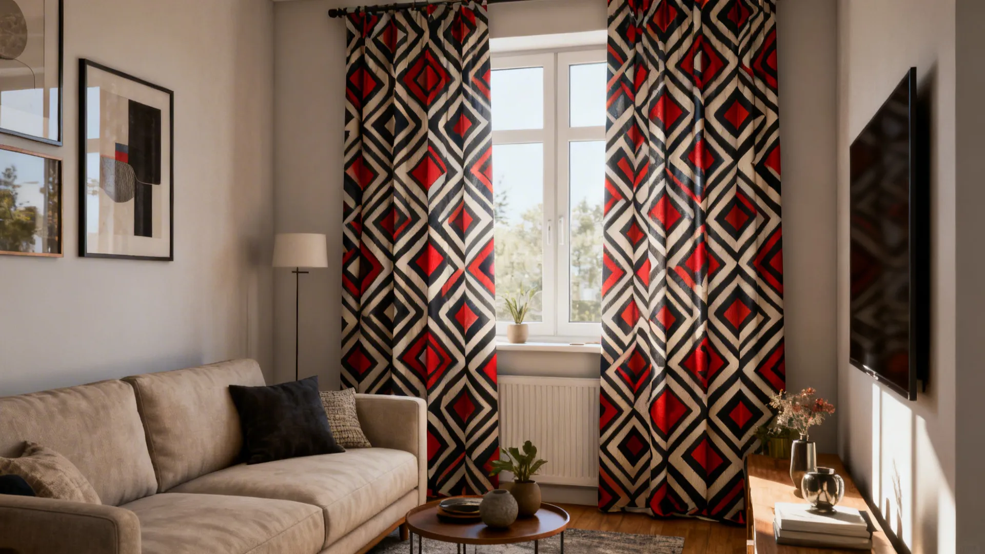 Small living room with bold geometric patterned curtains creating a focal point above a neutral sofa