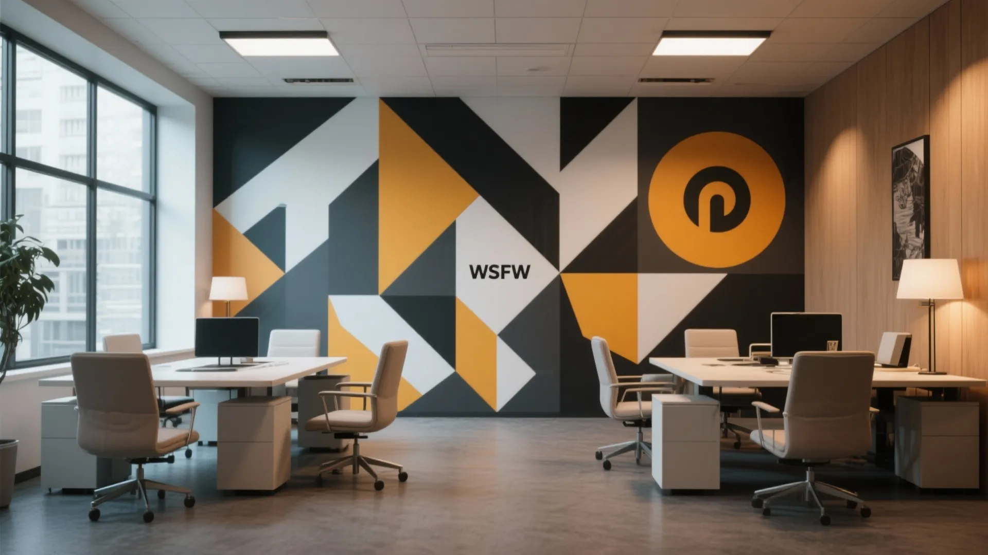 Modern office interior with geometric wall art behind white desks and comfortable grey rolling chairs