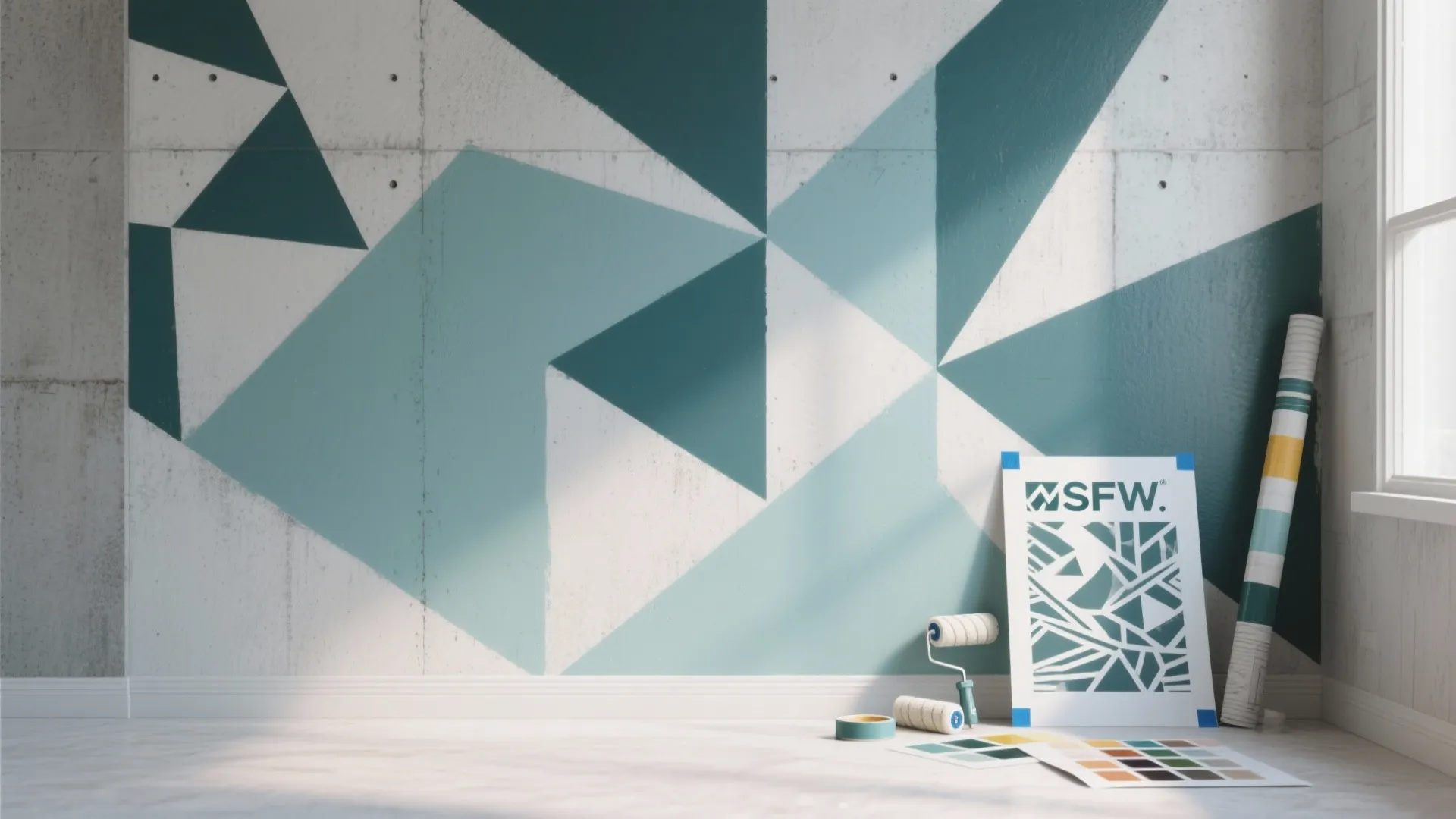 Concrete wall with blue and green geometric paint patterns near roller and color sample cards