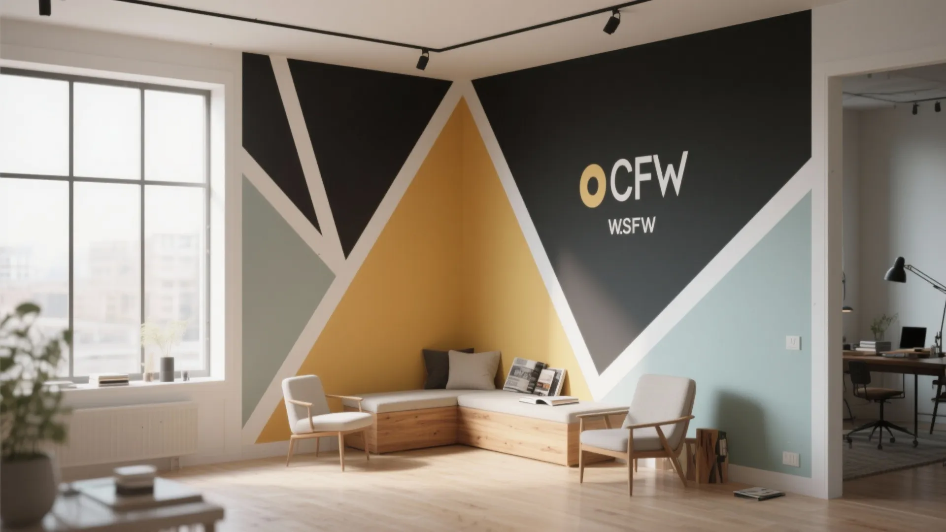 Modern living room corner with geometric wall paint, wooden bench, white chairs, and natural light