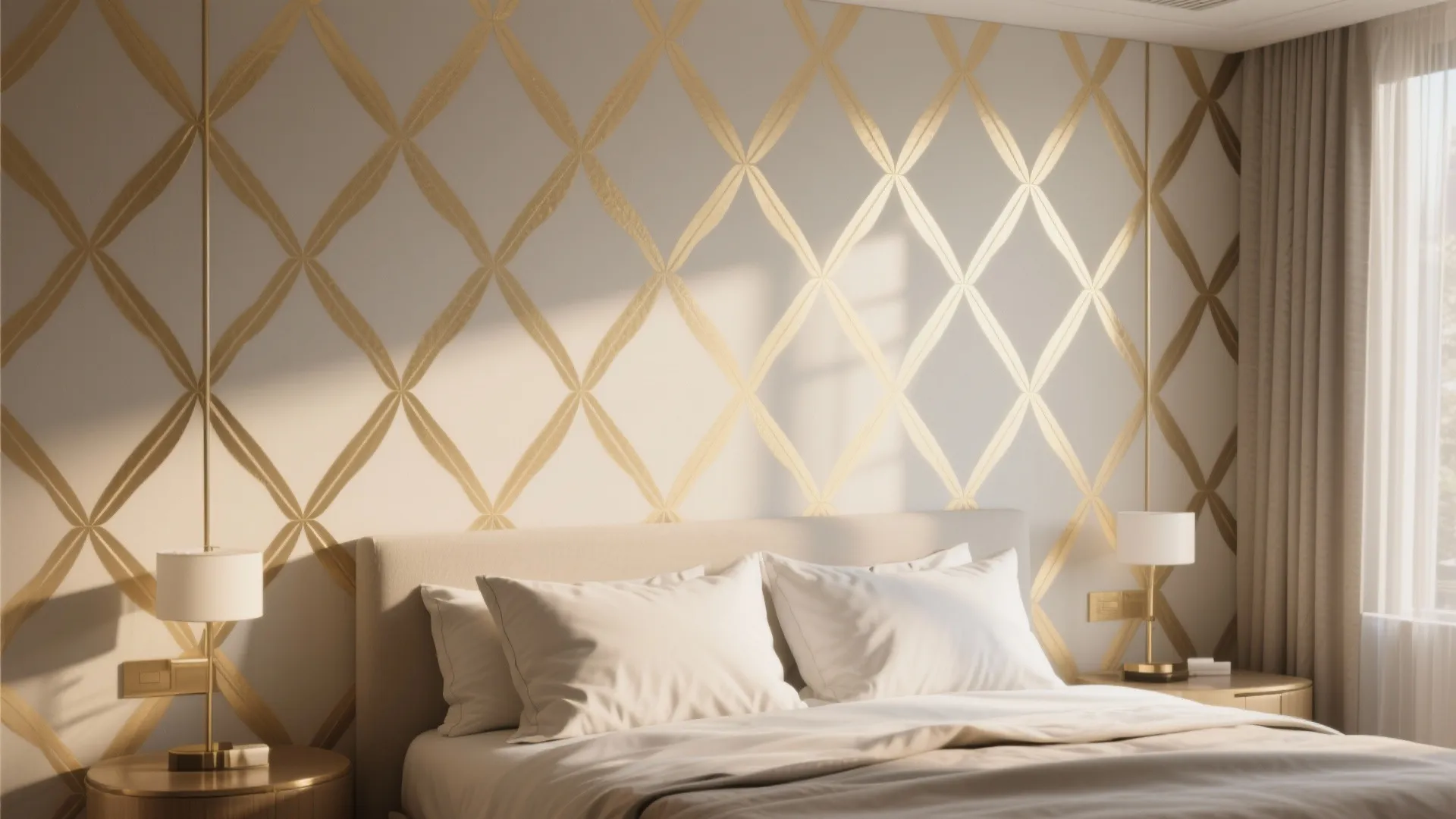 Modern bedroom featuring a gold geometric pattern wall panel behind a beige bed with white pillows
