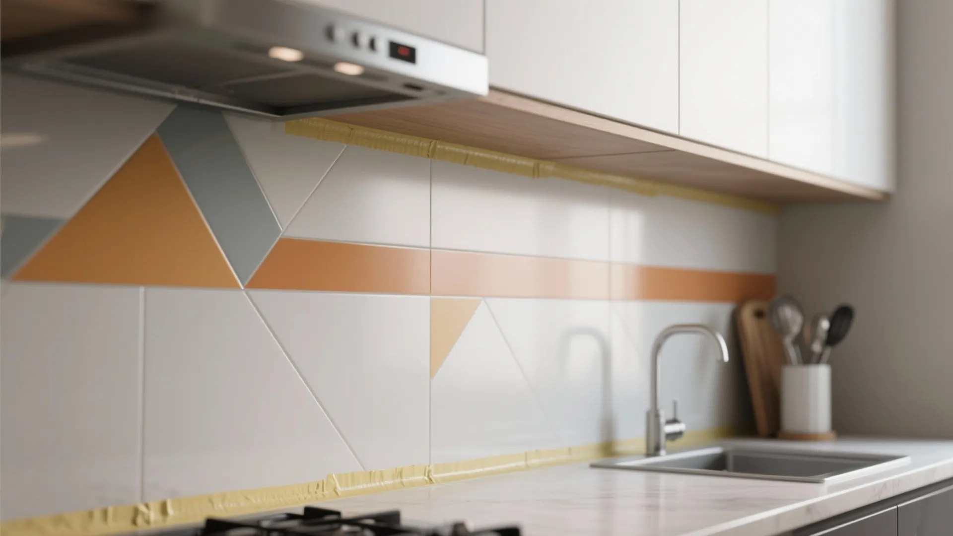 Close-up of a precise geometric accent stripe painted on a kitchen backsplash