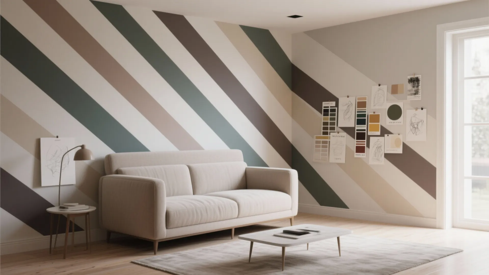 Living room with diagonal striped wall paint white sofa small coffee table and mood board