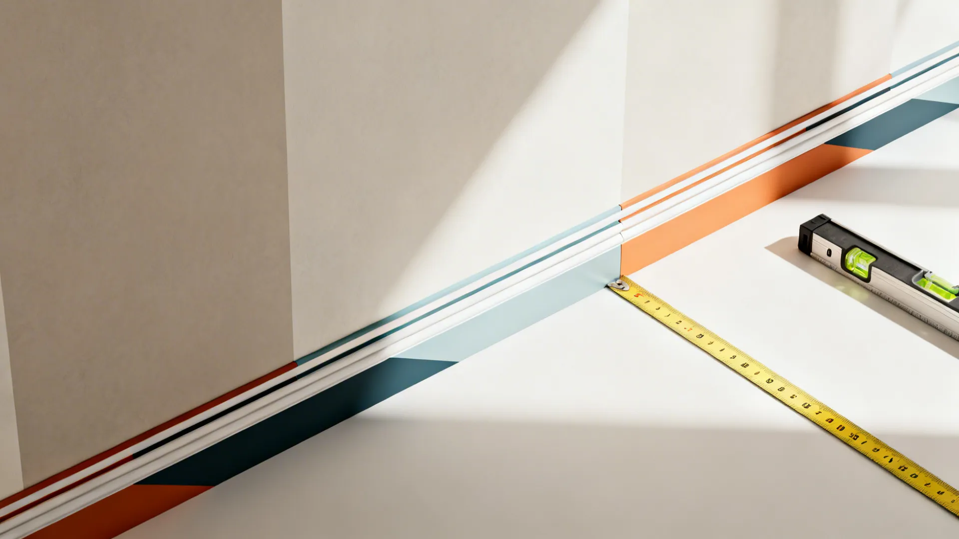 Top-down view of geometric accent strips being applied along a dining room chair rail with measuring tools.