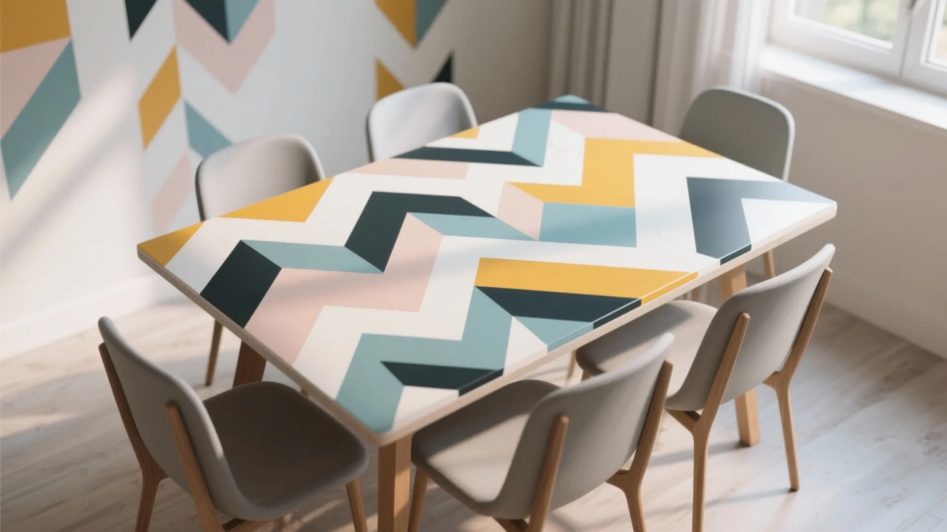 Dining table with geometric painted patterns in modern colors