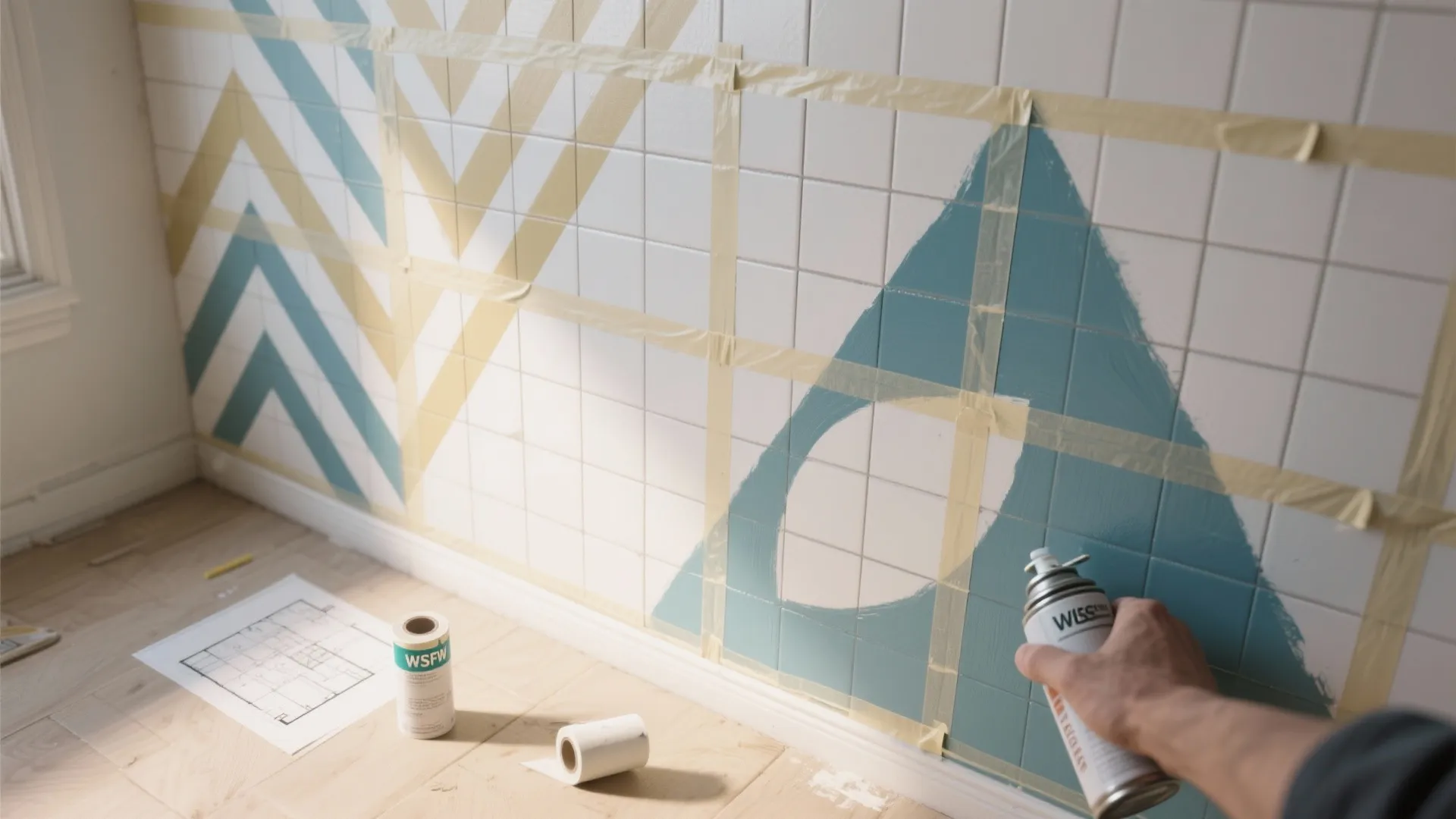 Person using spray paint and yellow tape to create geometric blue designs on white wall