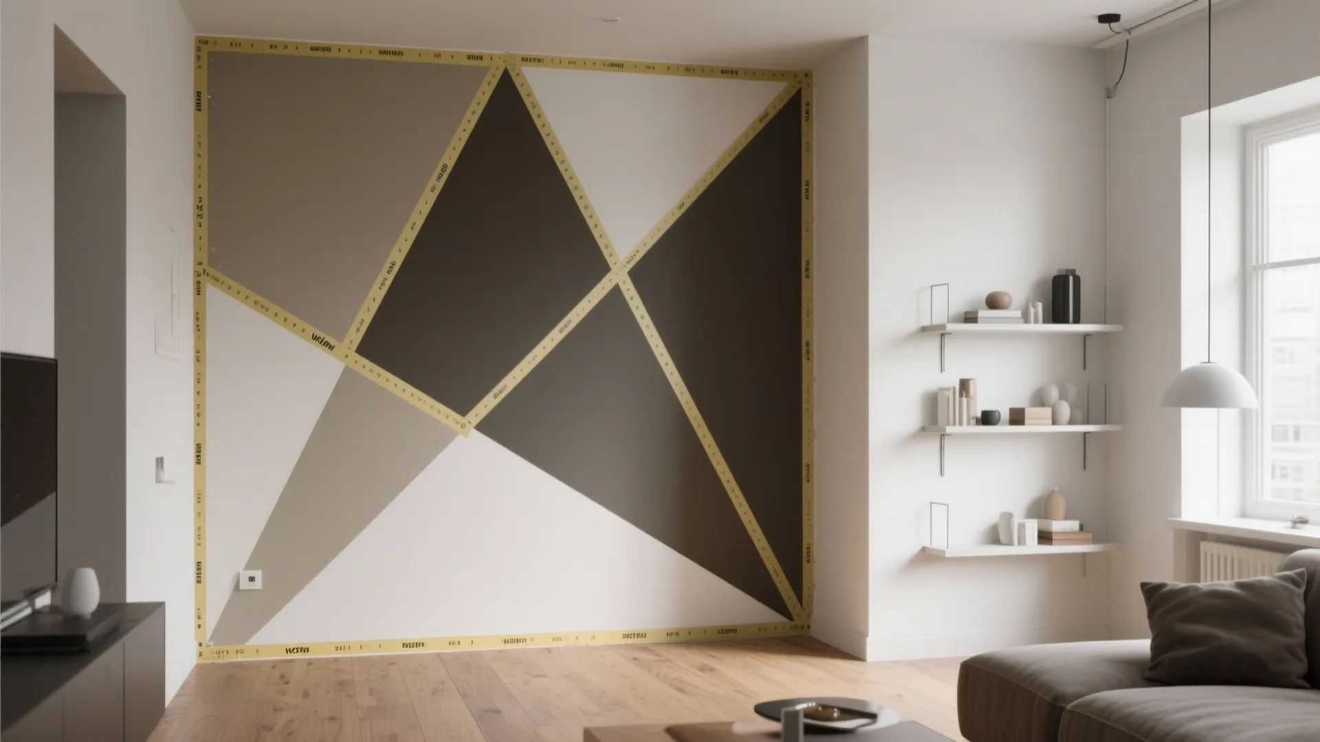 Modern living room wall featuring geometric paint design with yellow tape and white shelving unit