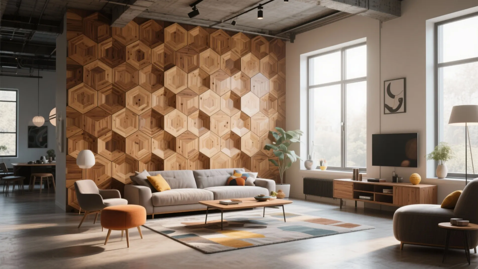 Spacious living room with hexagon wood wall panel grey sofa orange footrest and big natural window