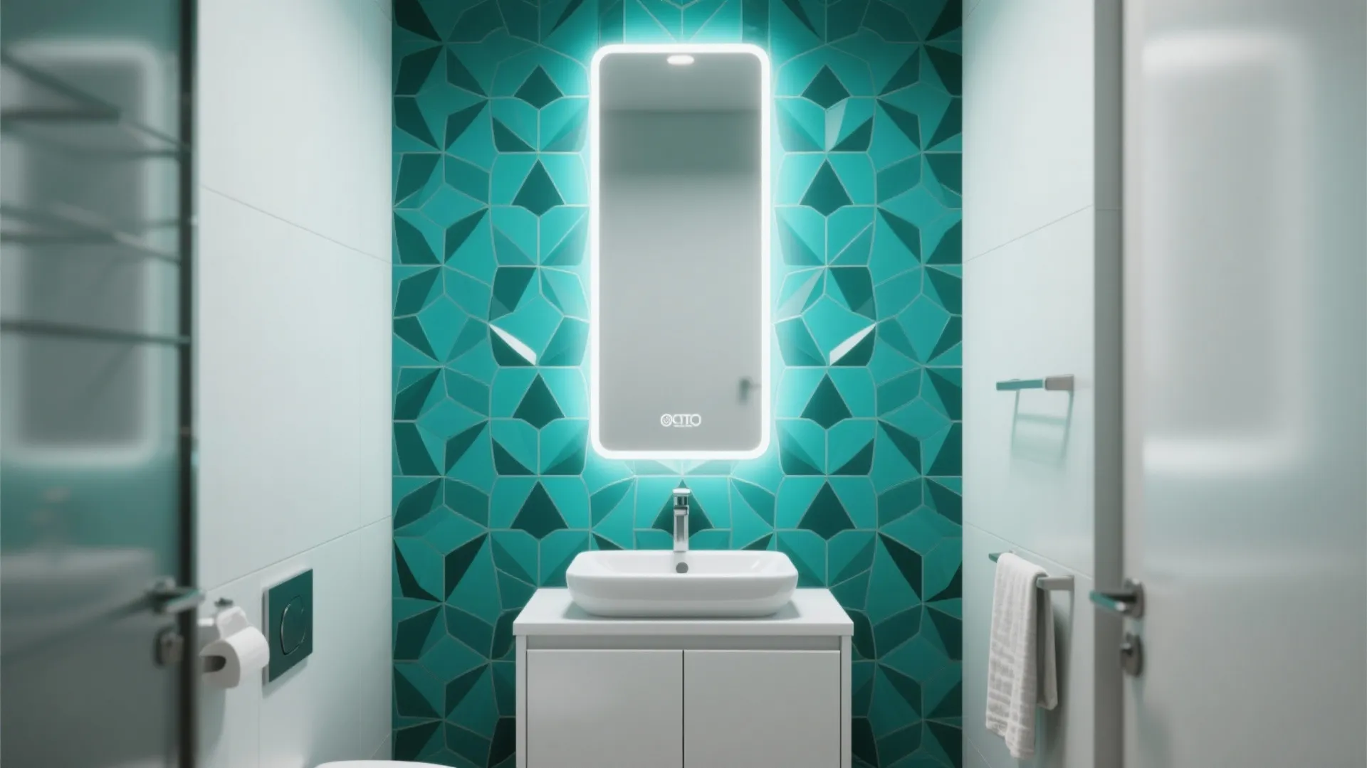Small bathroom with teal geometric wall tiles lighted mirror white sink and white storage cabinet