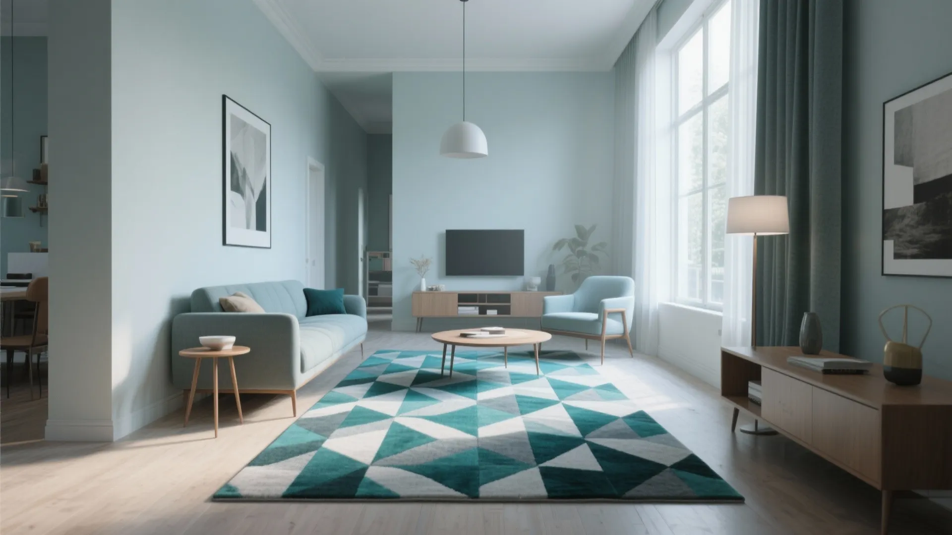 4. Go geometric for a modern vibe with teal and cool grey