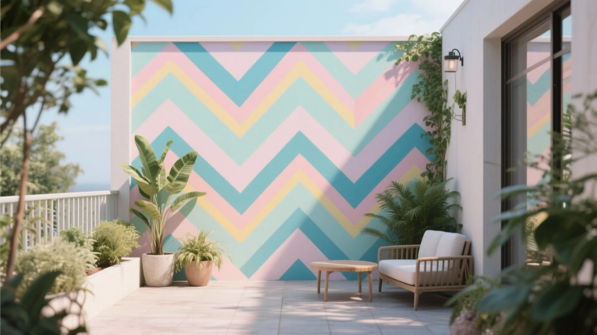 Colorful zig zag pattern wall on a terrace with white sofa and small wooden table