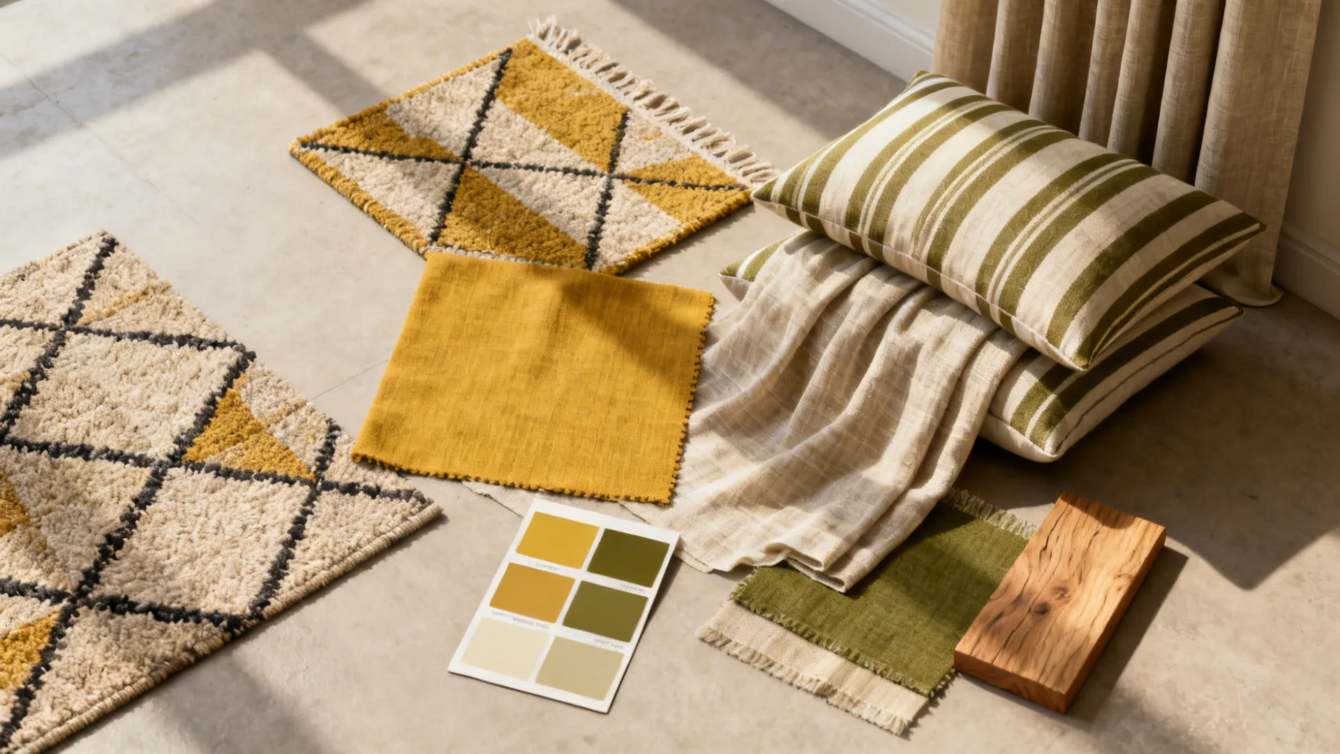 Flatlay of mid-century geometric textiles including diamond rug fragment and striped pillows with color swatches