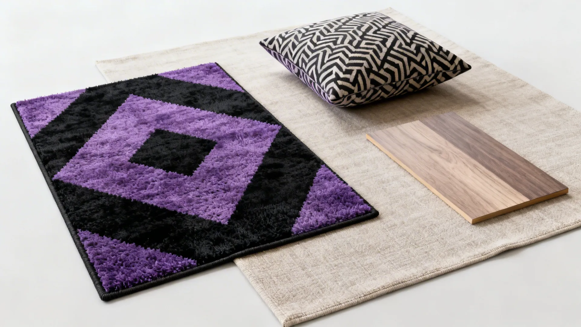 Flatlay of black-and-purple geometric rug and pillow samples with wood and neutral fabric swatches.