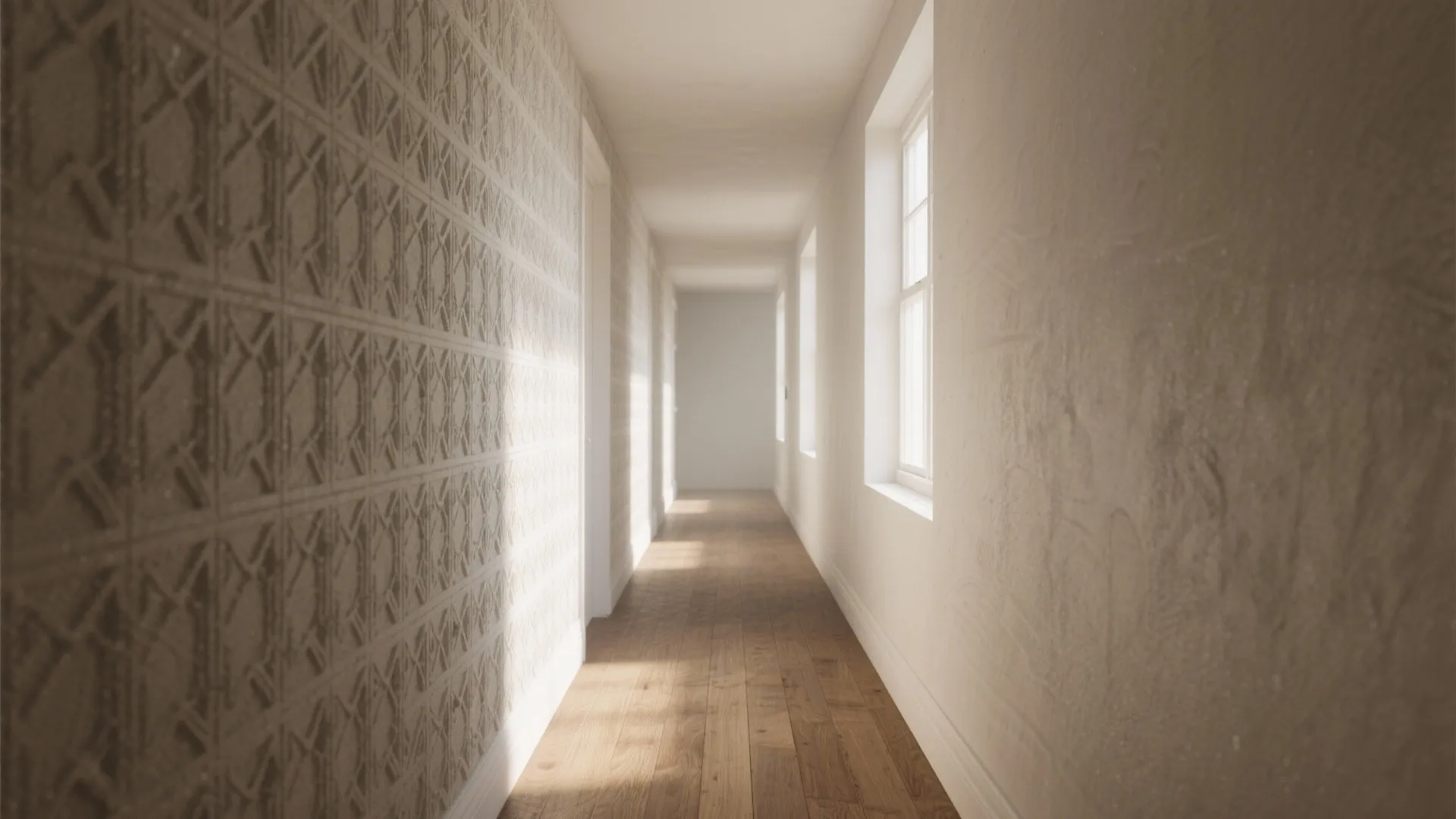 Long narrow hallway with grey patterned wallpaper wooden floor white windows and bright natural sunlight