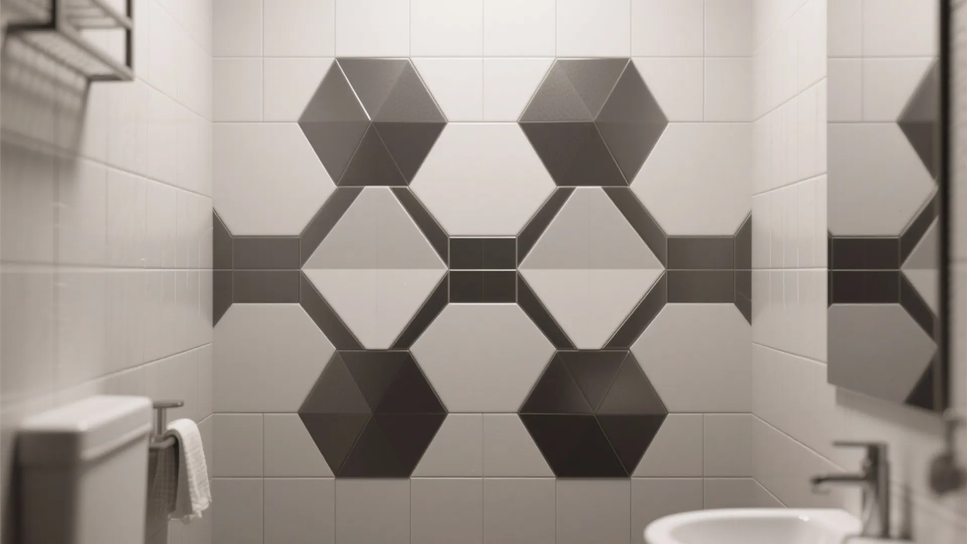 Bathroom wall featuring black and white hexagon tiles in a creative pattern with a sink