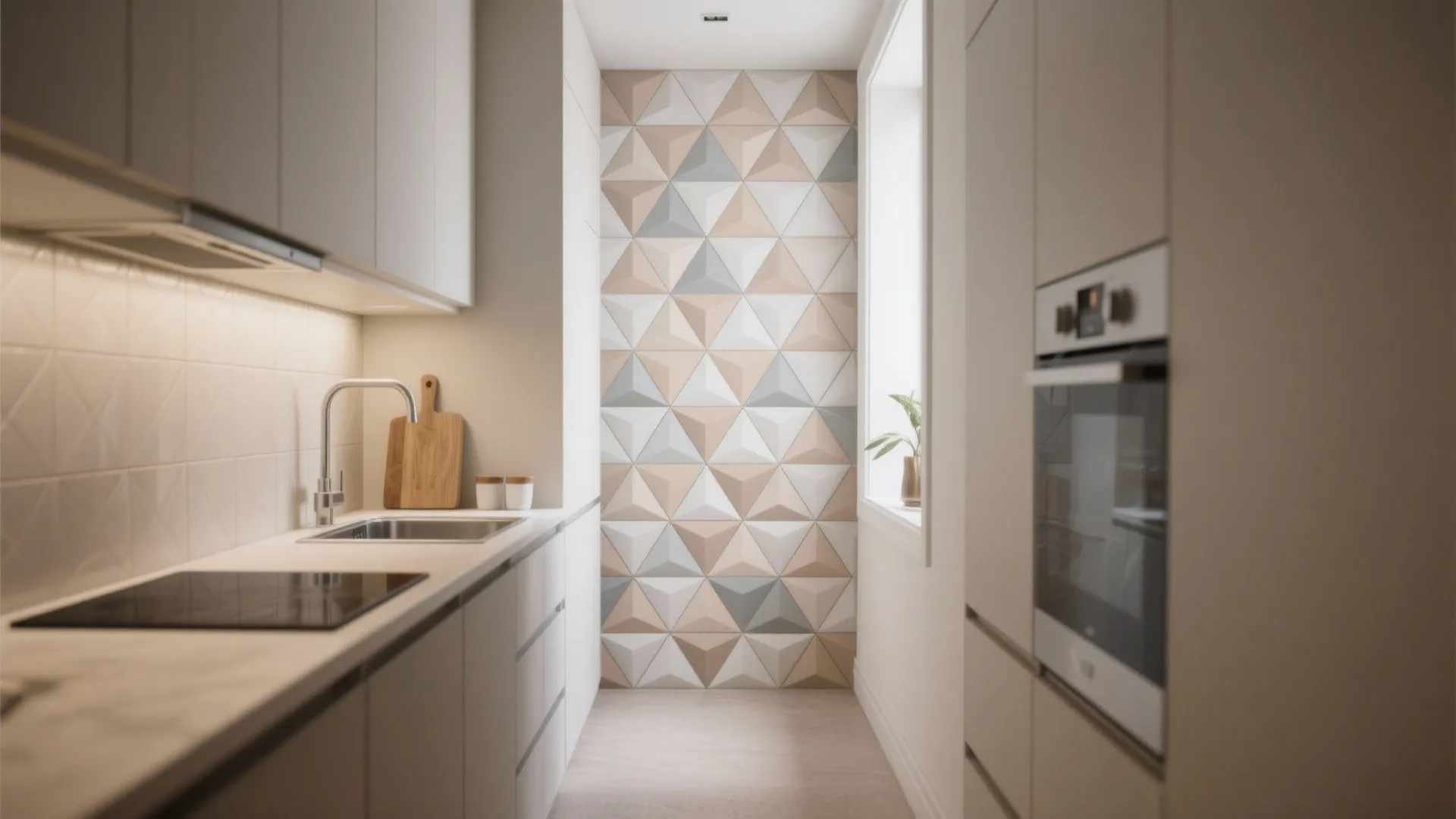 Narrow modern kitchen featuring geometric pattern wall tiles white cabinets sink and a built in oven
