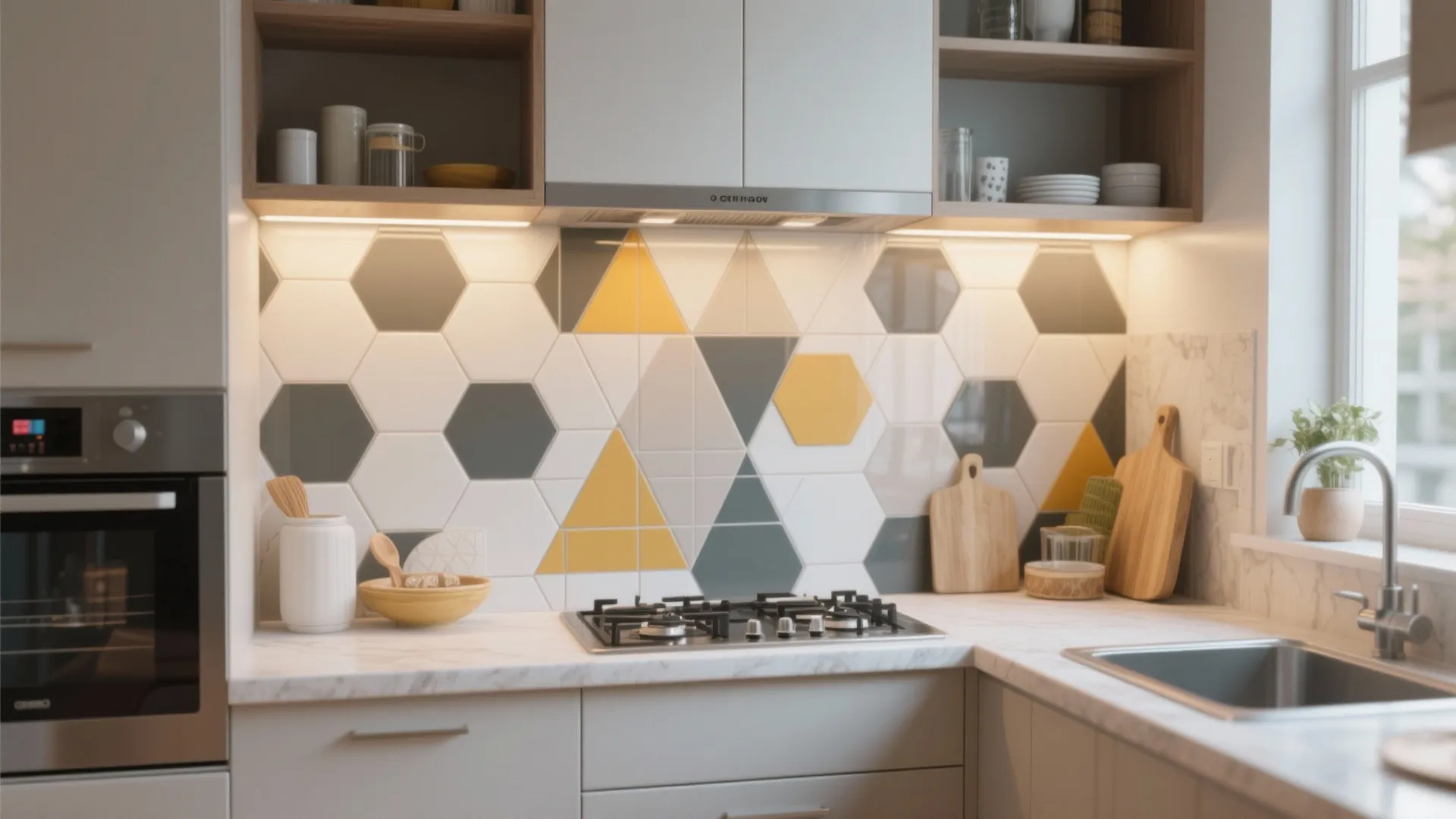 White kitchen featuring colorful hexagon and triangle wall tiles with wooden shelves and gas stove