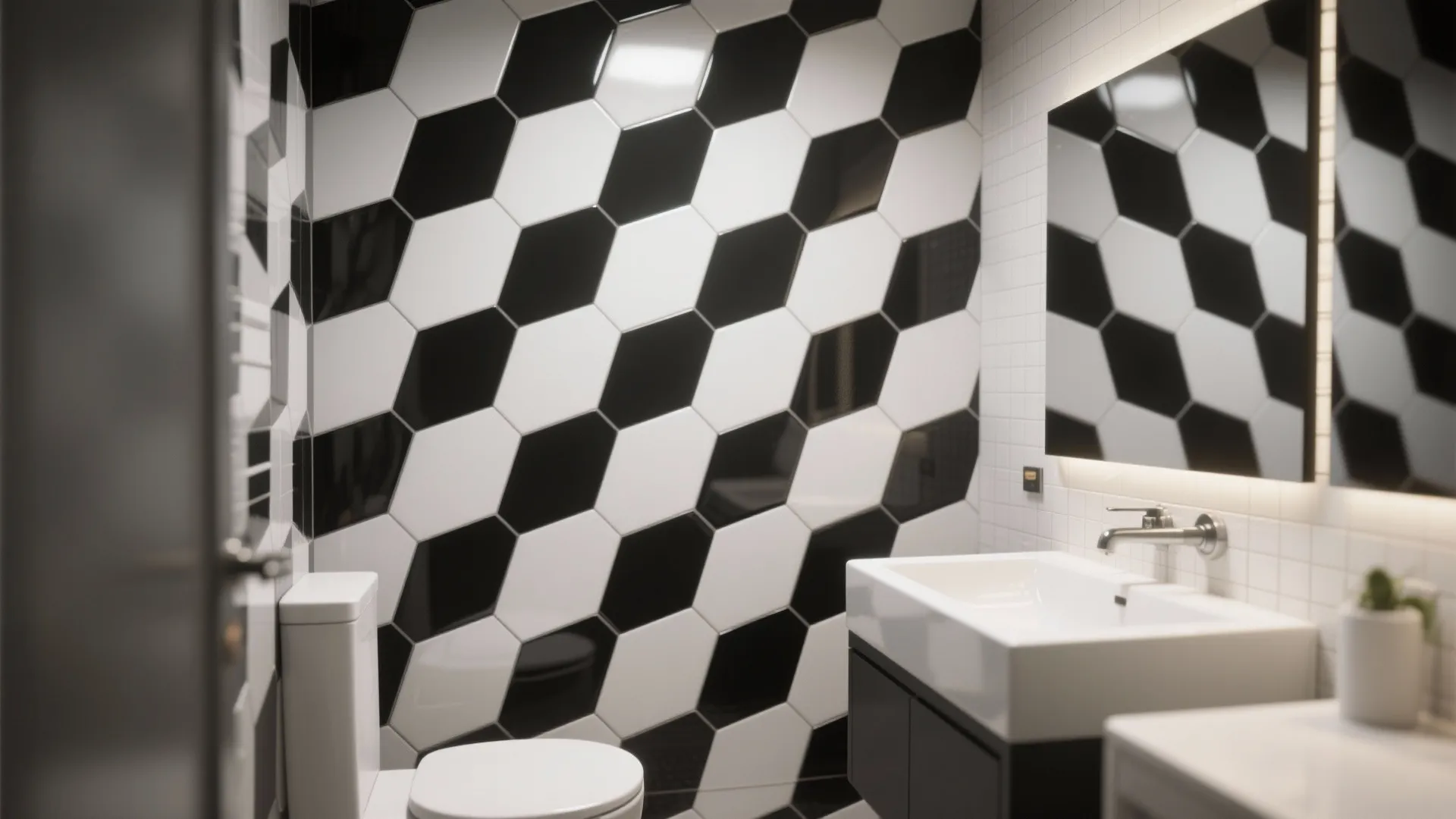 Bathroom with black and white hexagon painted tile pattern