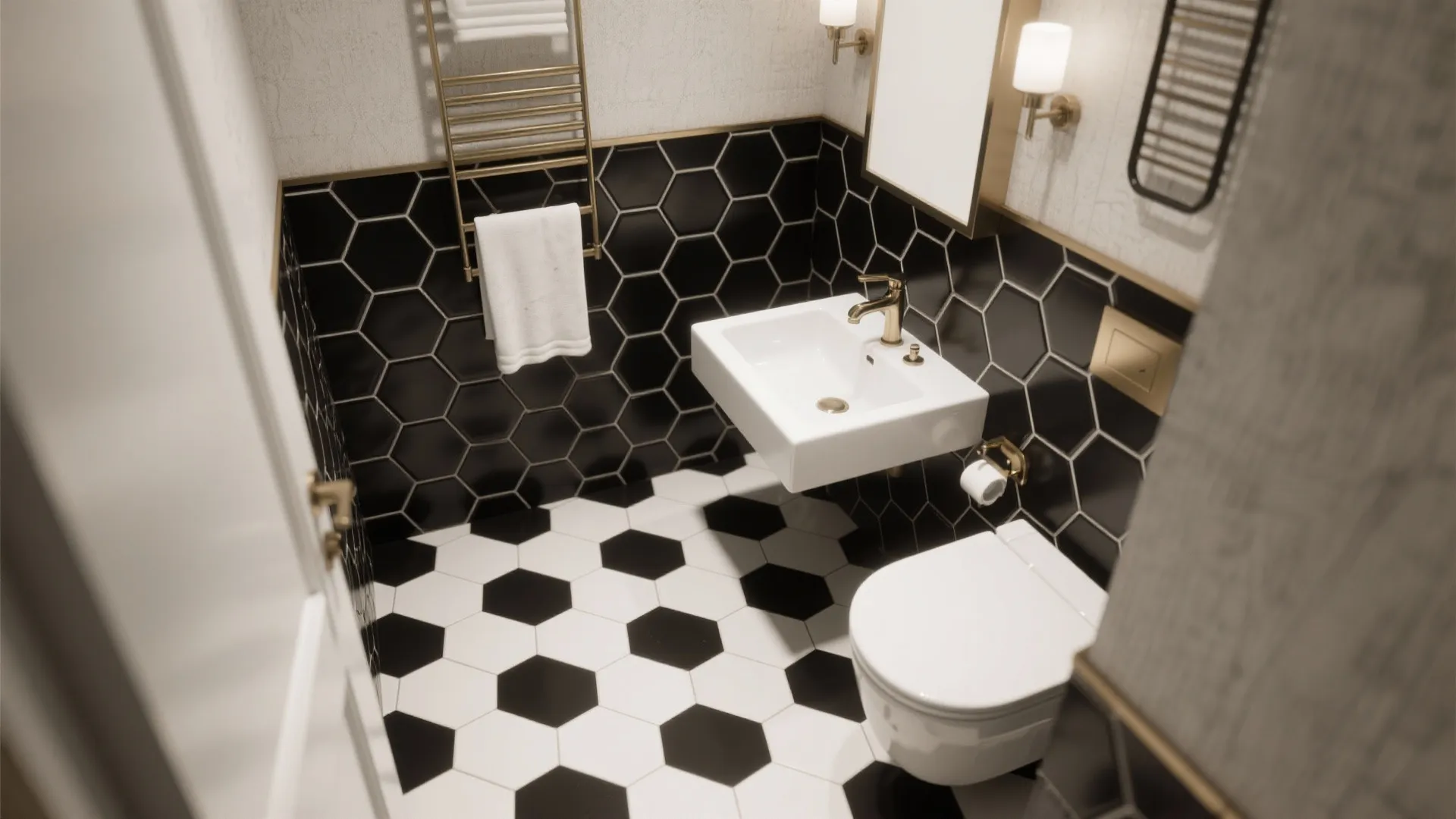Small bathroom with bold black-and-white hexagon geometric floor tiles in soft light