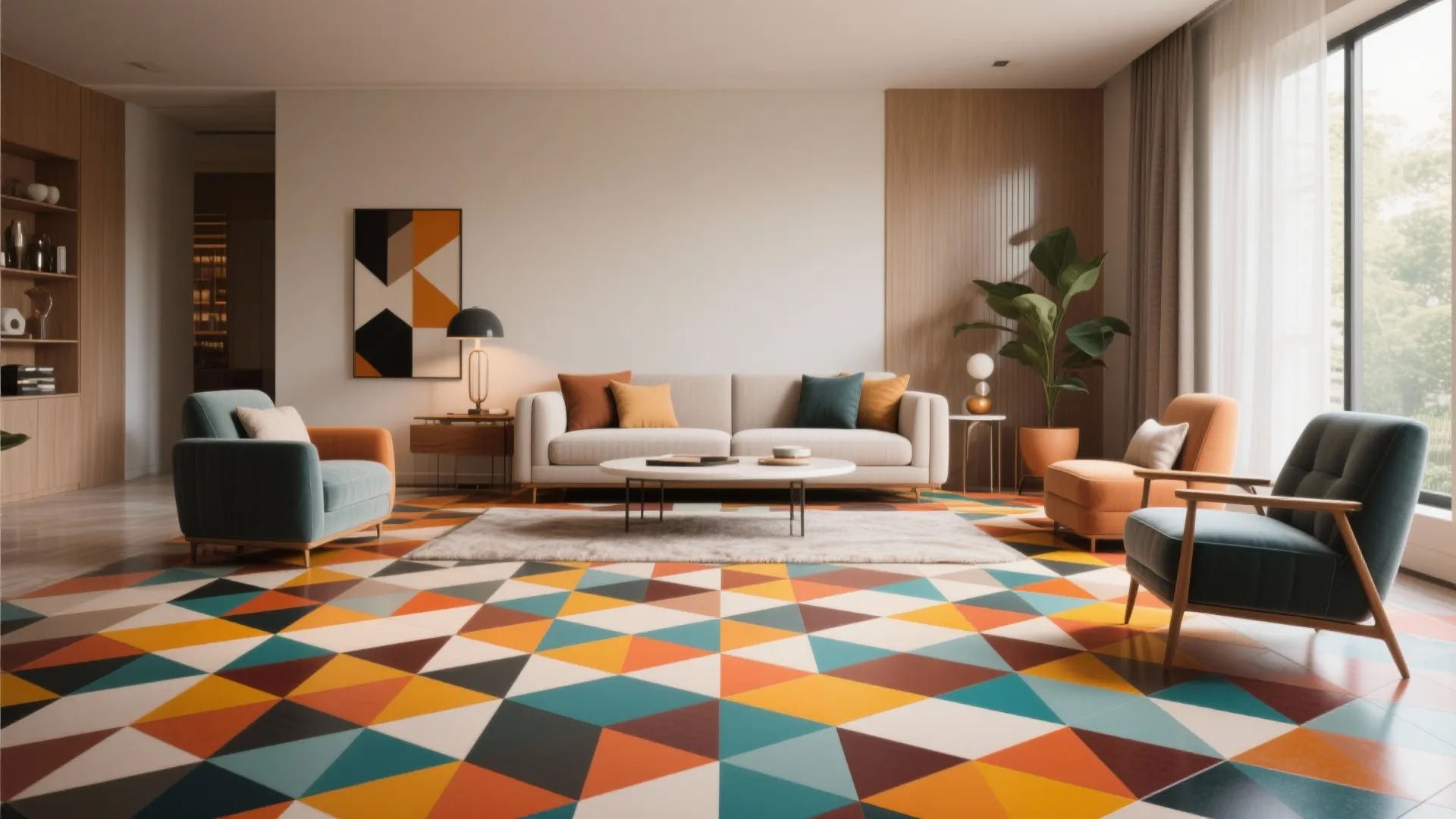 Modern living room featuring colorful geometric floor tiles neutral sofa teal armchair and bright pillows