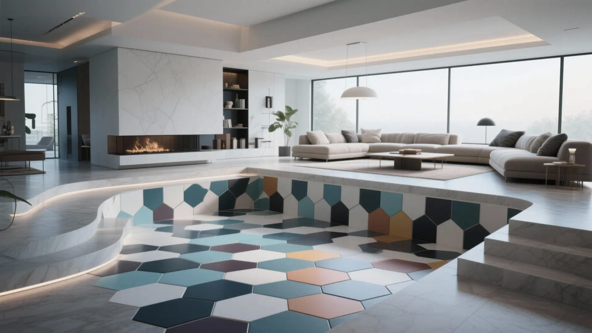 Modern living room featuring a sunken floor area with colorful hexagonal tiles and white marble stairs