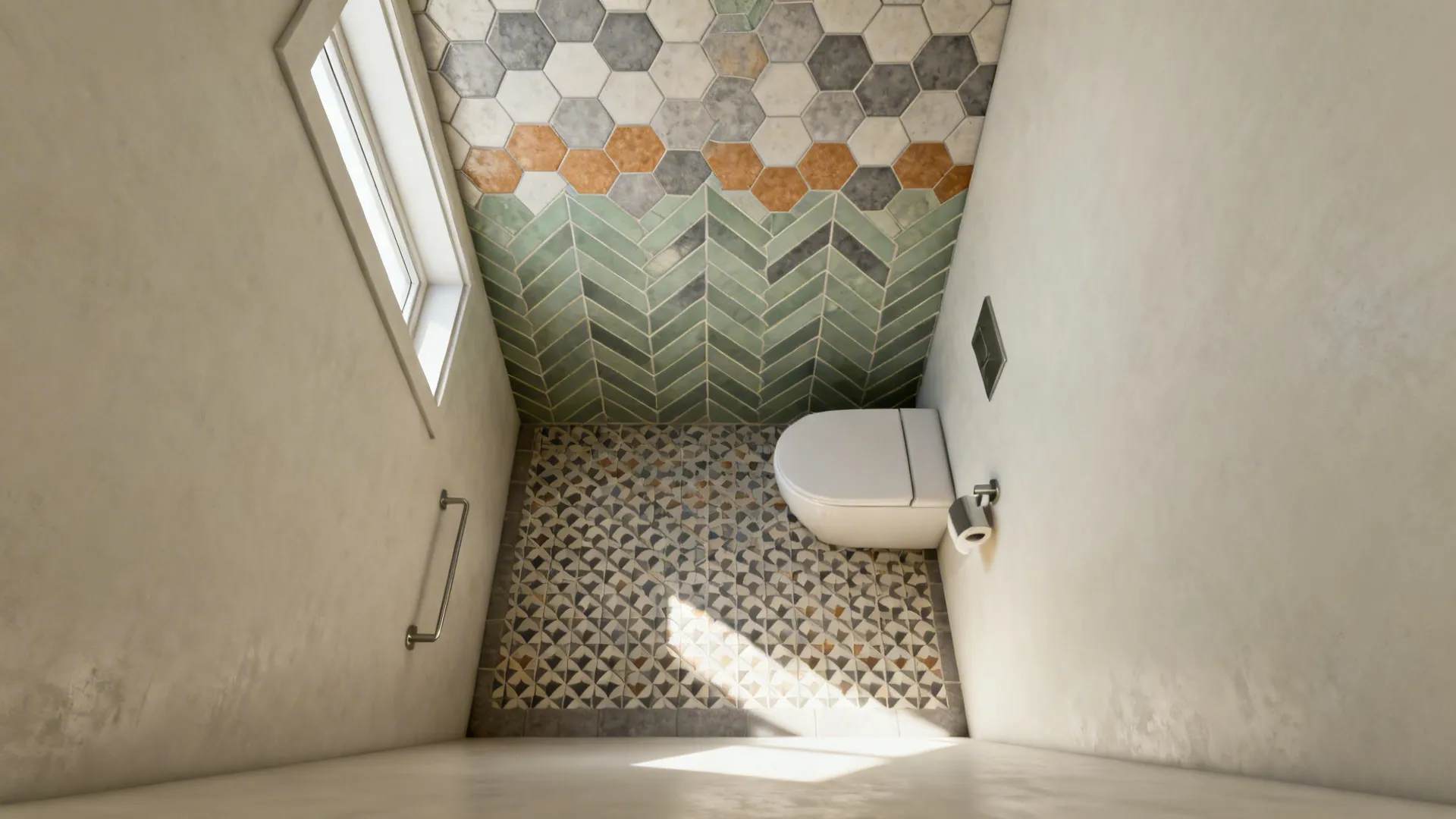 Small bathroom with a contained geometric tile focal wall and muted hexagon floor pattern.