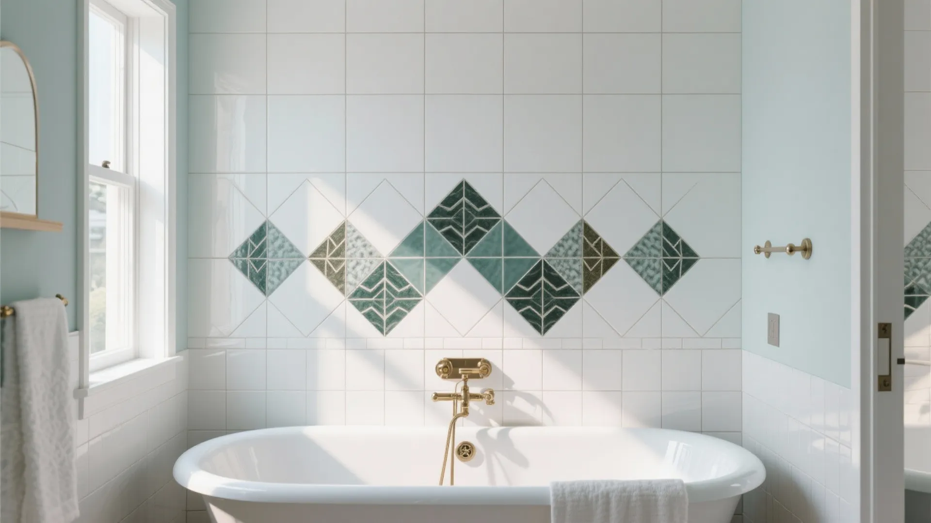 Modern bathroom with white wall tiles featuring a green geometric pattern above a white bathtub