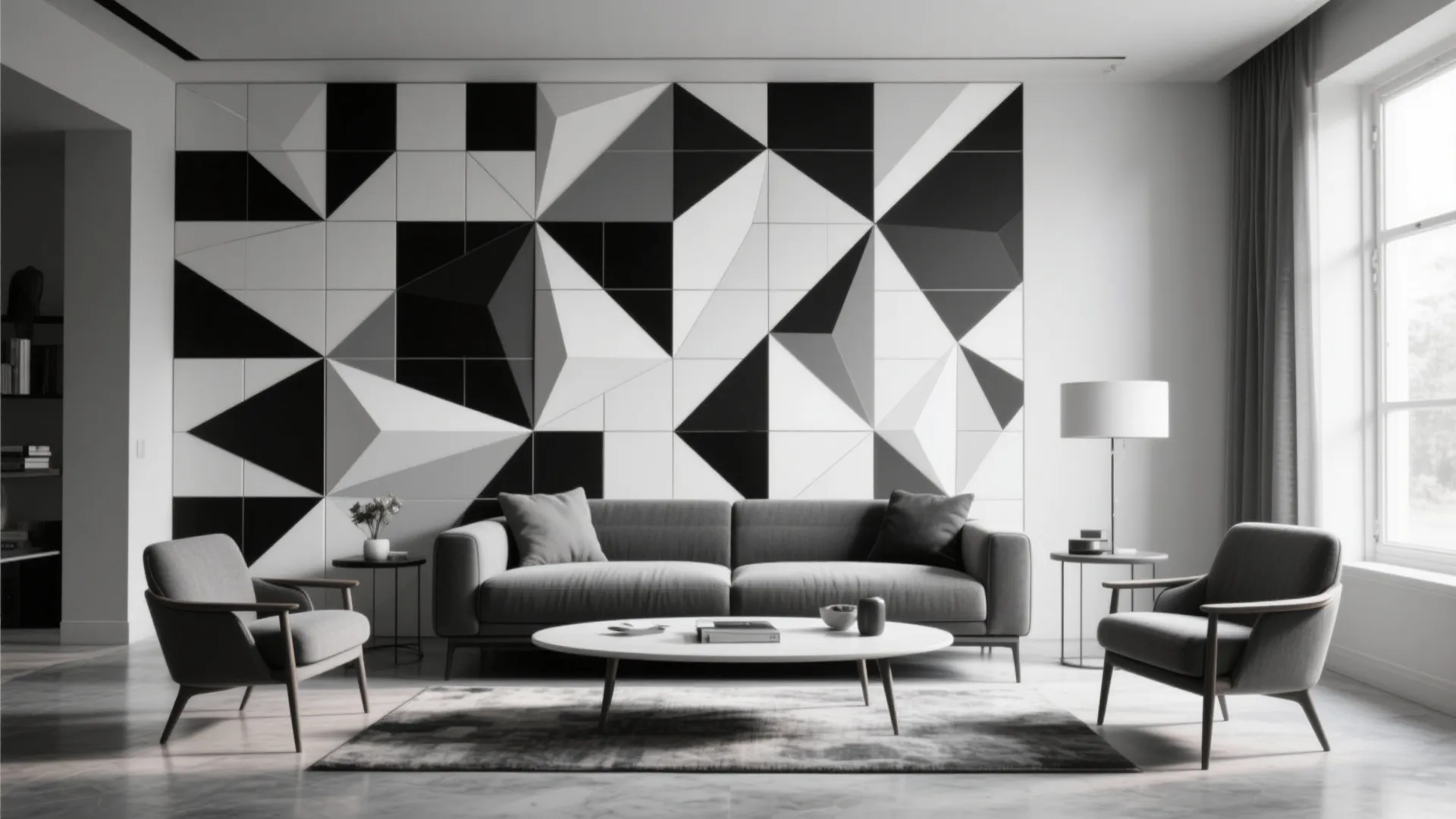 Modern living room with black and white geometric wall tiles grey sofa and two chairs