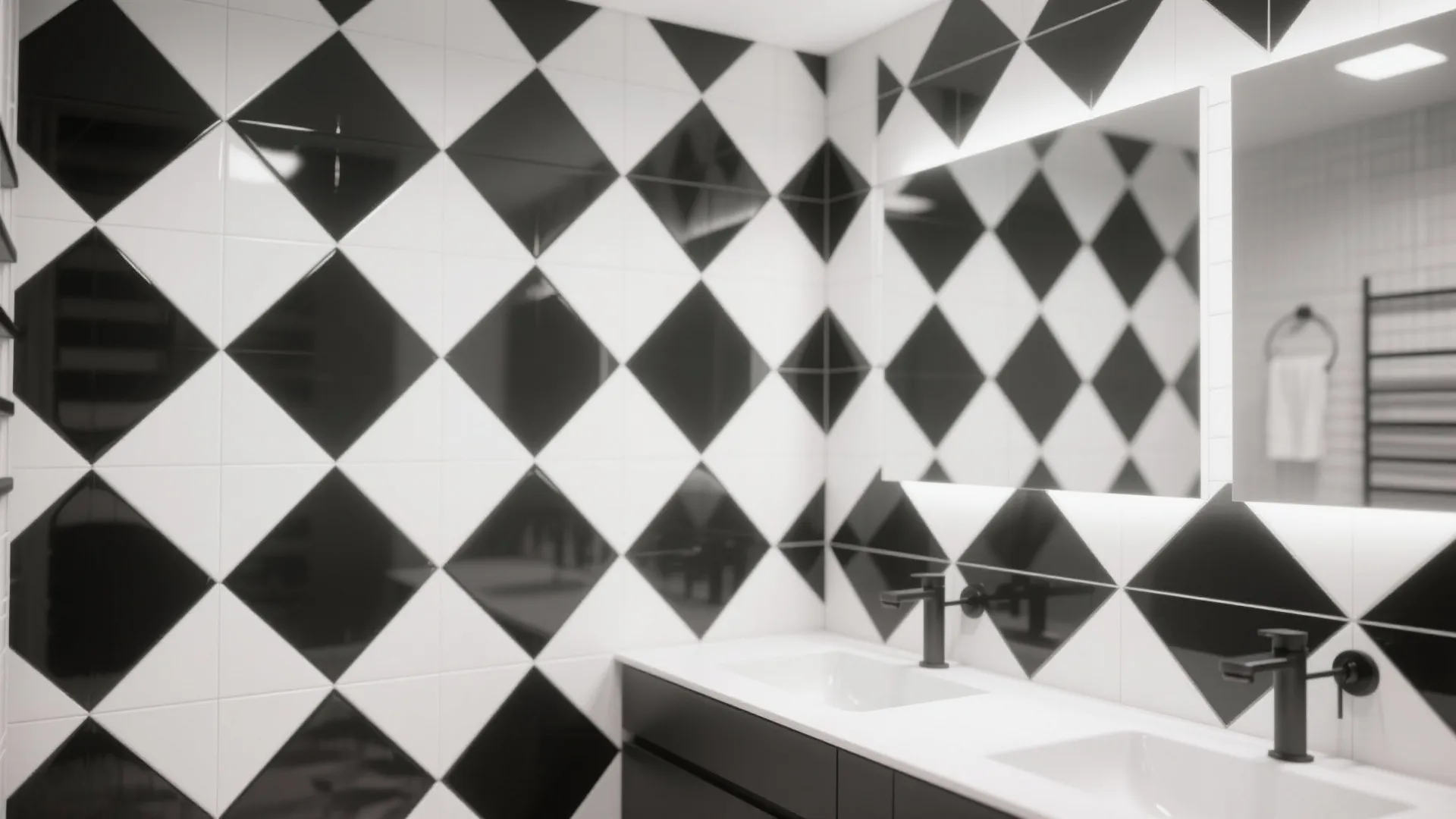 Contemporary bathroom with black and white diamond pattern wall tiles dual sinks and large mirrors