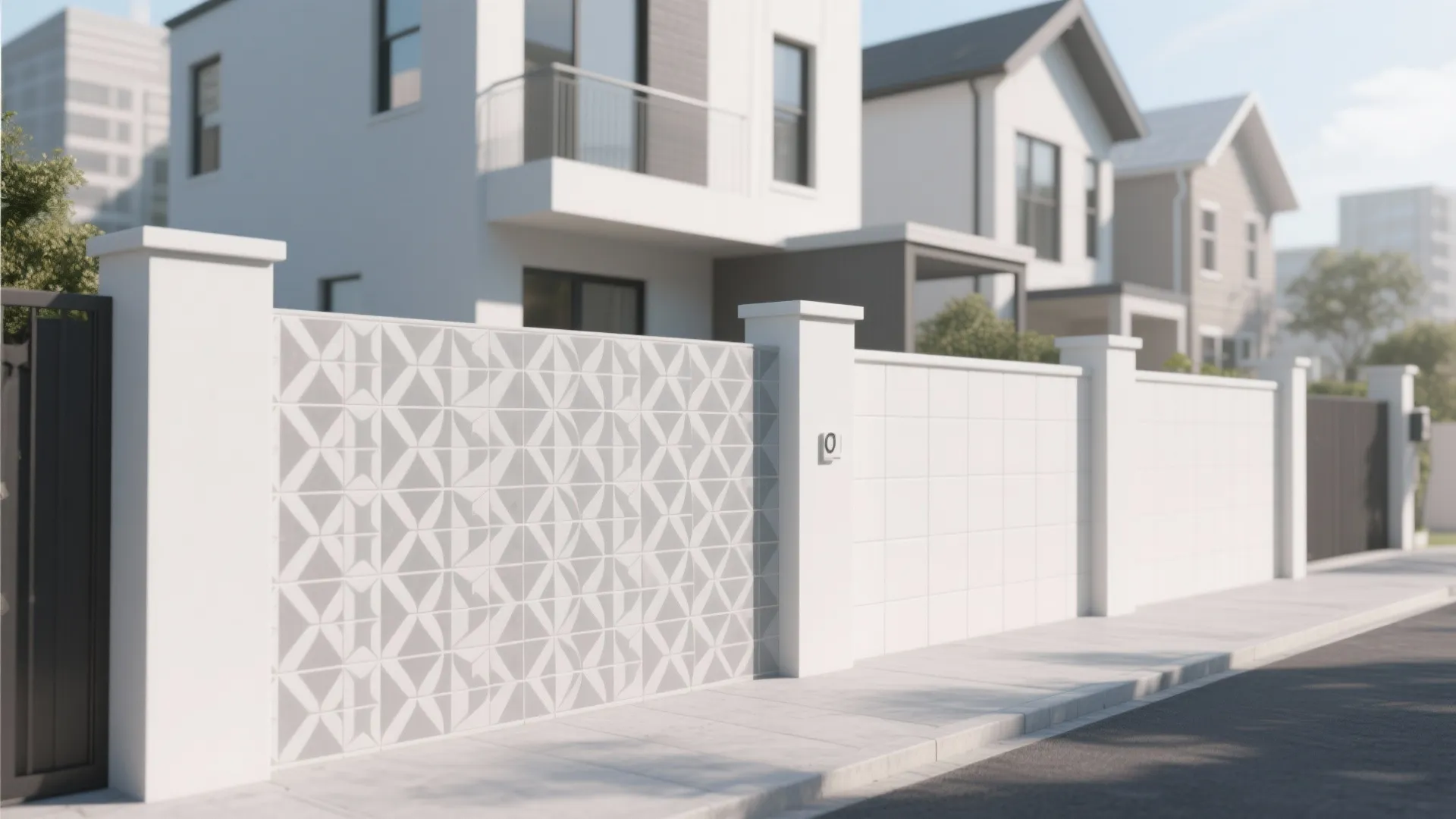 White modern house exterior wall featuring grey geometric patterned tiles along a clean paved street sidewalk