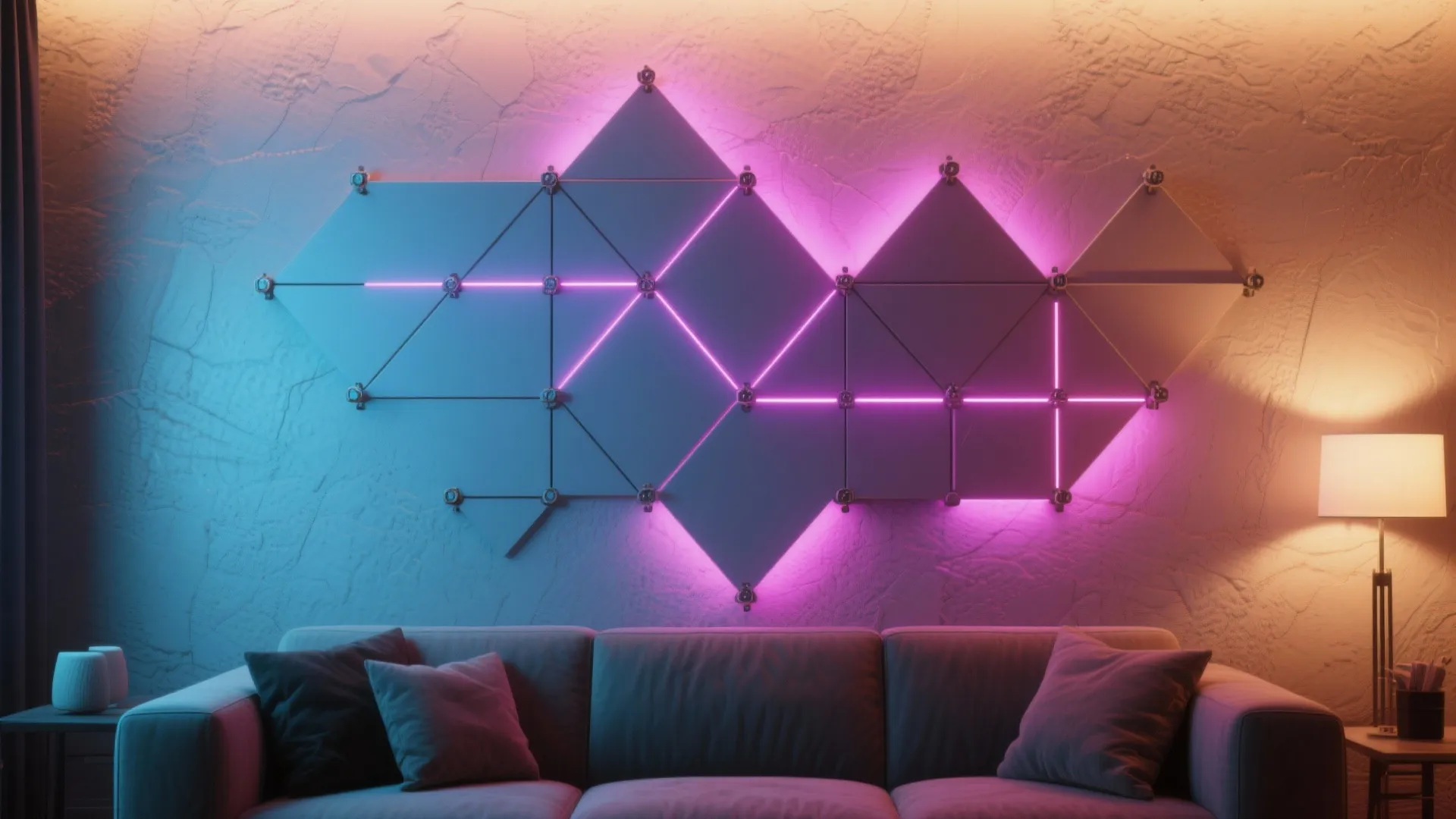 Modern living room with grey sofa and glowing geometric wall panel decoration plus warm floor lamp