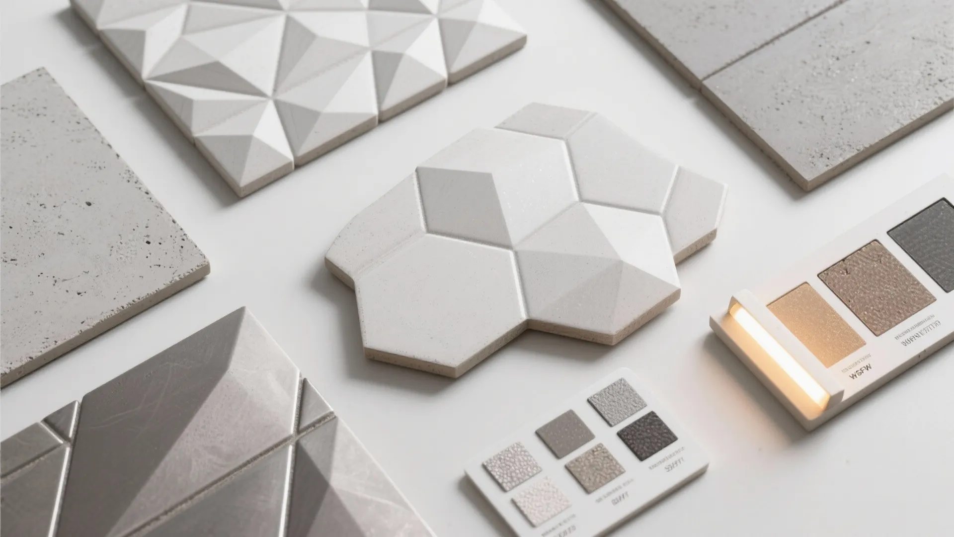 Geometric 3D cement-look tiles for feature walls