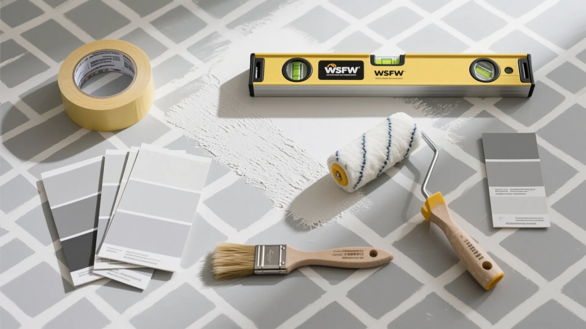 Painting tools including roller brush level and color swatches on a grey and white tiled floor