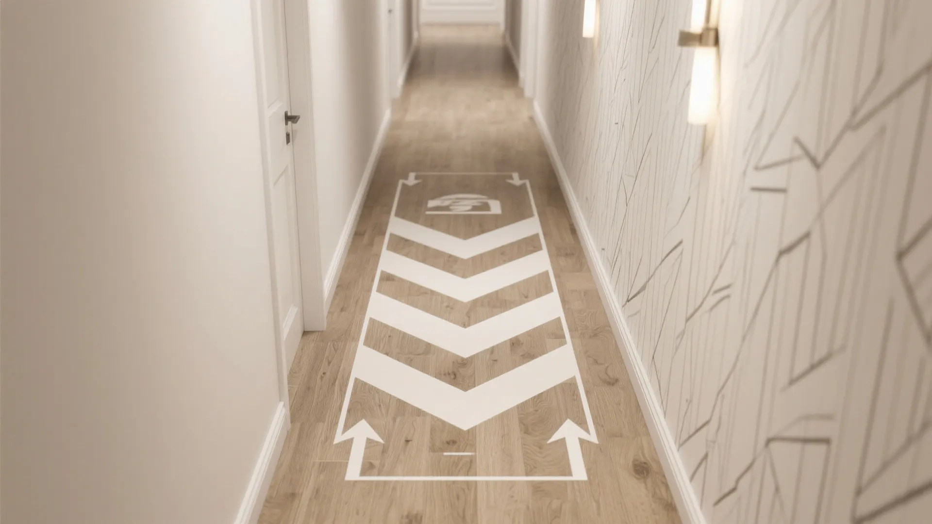 Narrow hallway with wooden floor showing white arrow floor stickers and geometric wall pattern design